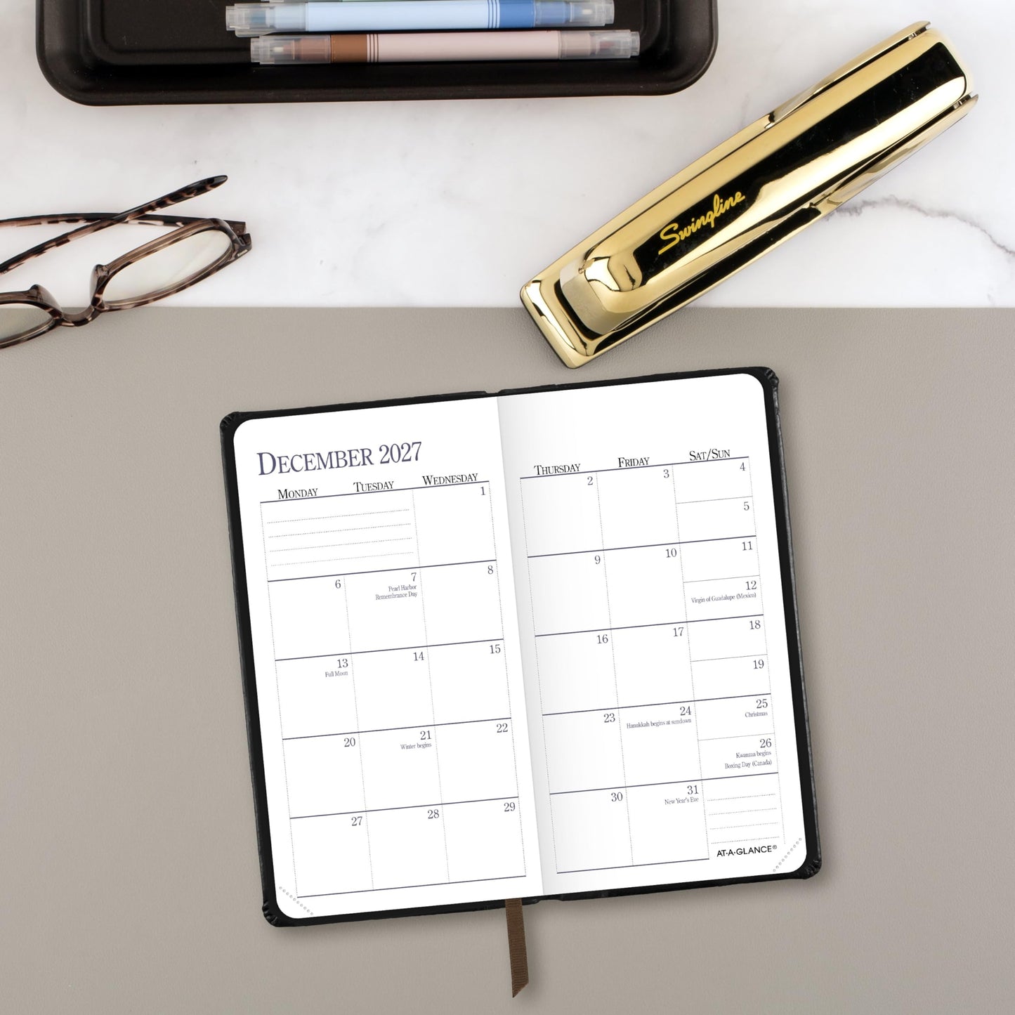 AT-A-GLANCE 2027 Planner, Weekly & Monthly, 3" x 6", Pocket Size Fine Diary, Faux Leather Hardcover, Black Brown (74020527)