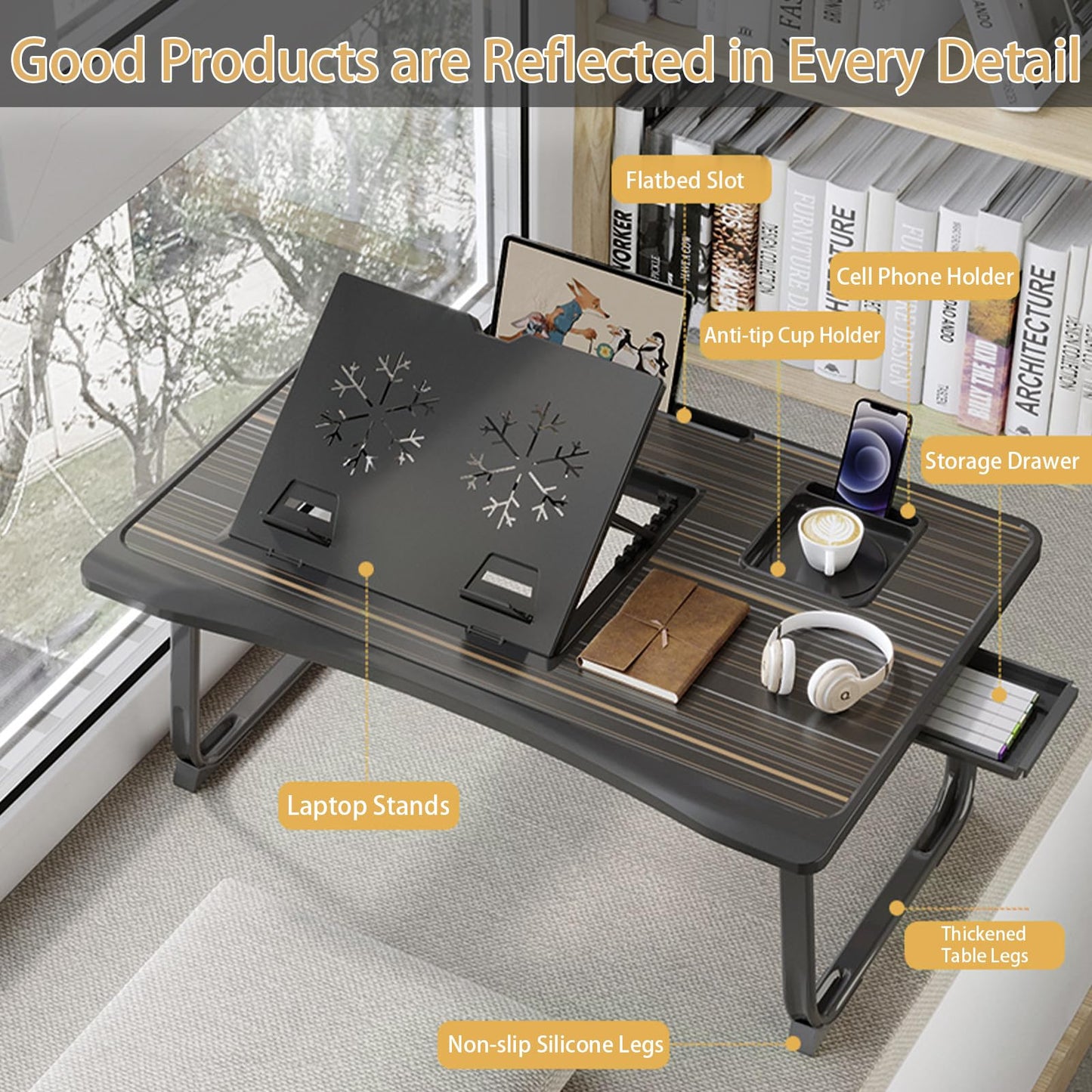 Laptop Desk for Bed, Adjustable Laptops Stand with 6 Different Angles, Portable Lap Tray Table with Storage Drawer and Cup Holder, Laptop Bed Desk Tray for Eating Working Writing Reading (Black)