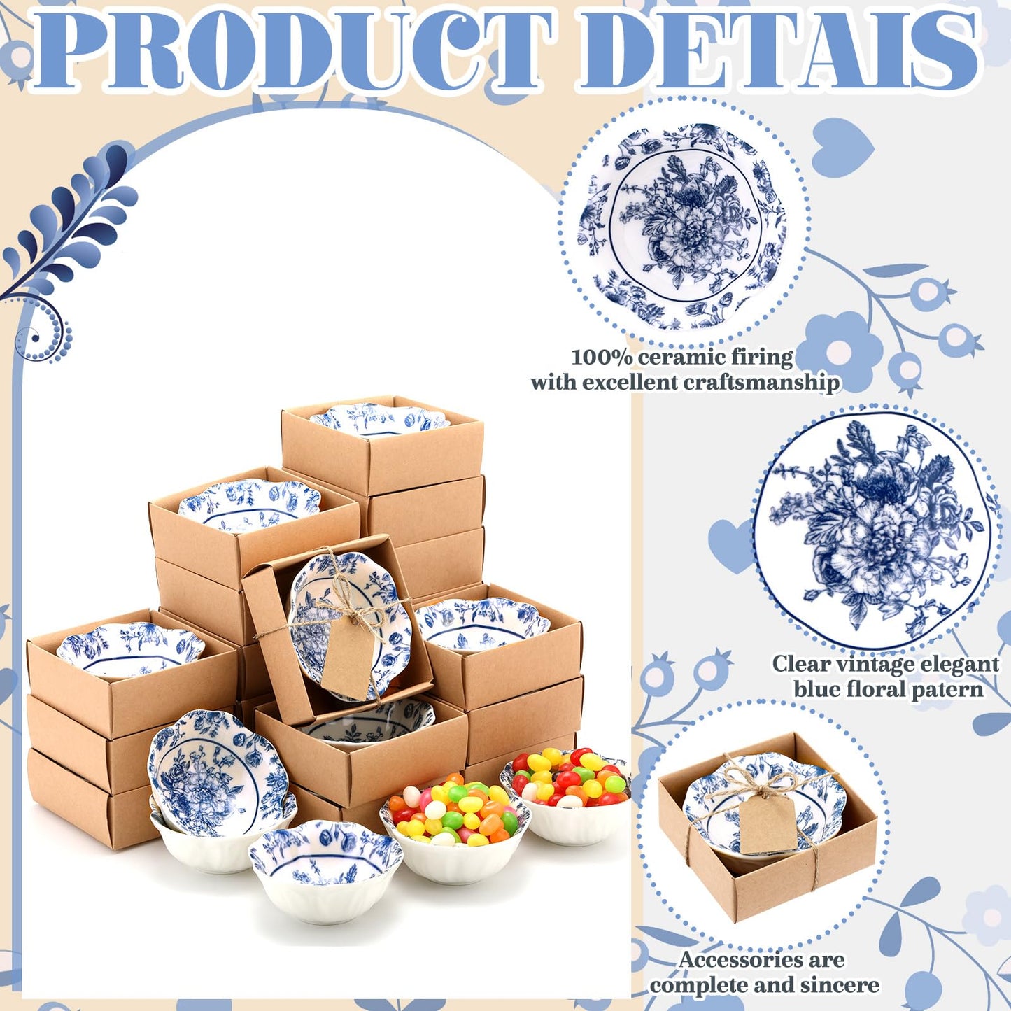 SiliFine 24 Pcs Wedding Favors for Guests Small Ceramic Bowl Bulk Gifts Set 3.3 Inch Floral Design Mini Dipping Sauce Dish with Card Box for Bridal Pooja Baby Shower Birthday (Flower,Blue)