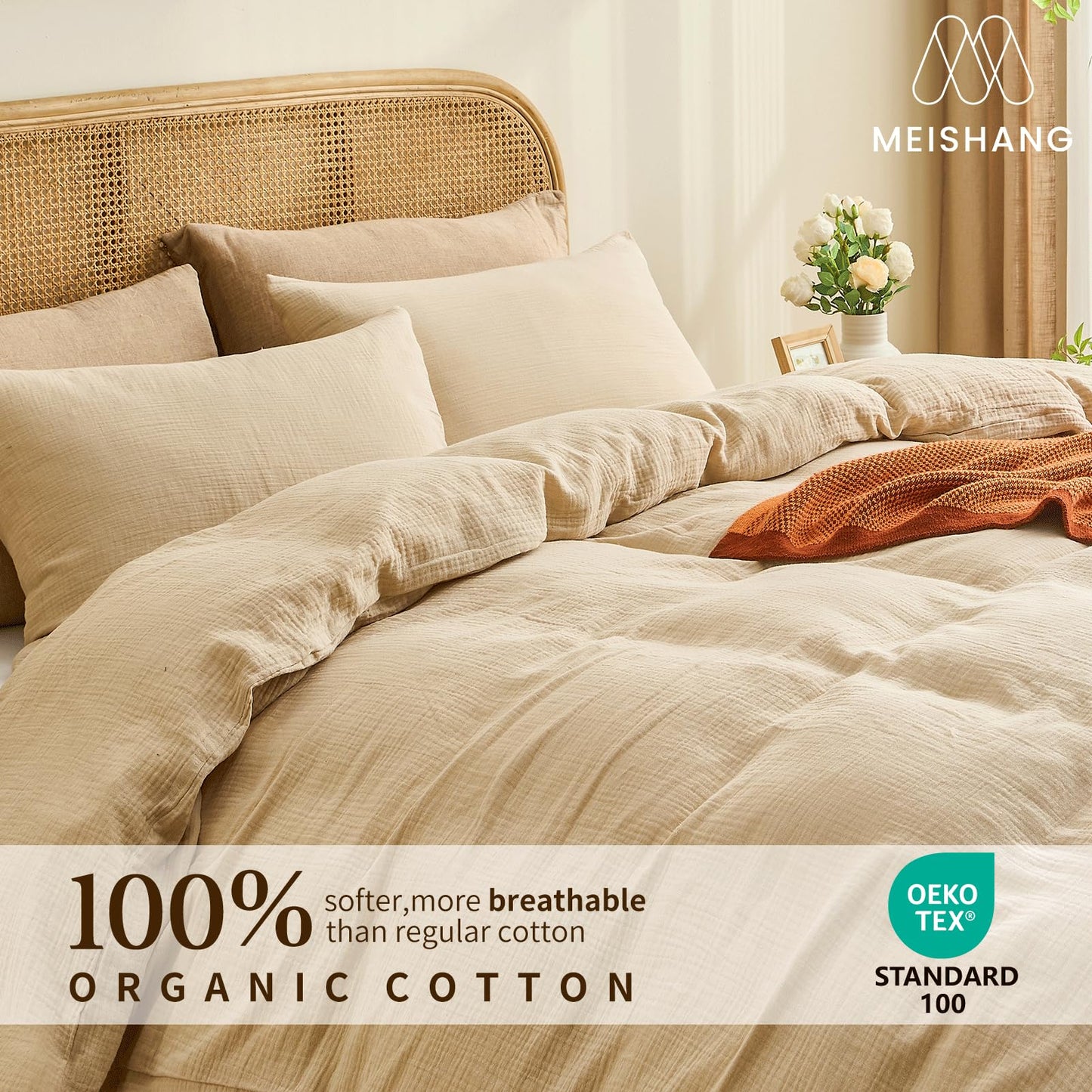 MEISHANG Muslin Duvet Cover Queen Size - 100% Organic Cotton, Soft Textured Gauze Weave Duvet Cover for Breathable All-Season Oeko-Tex Certified - 3 Piece Set (Queen, Linen)
