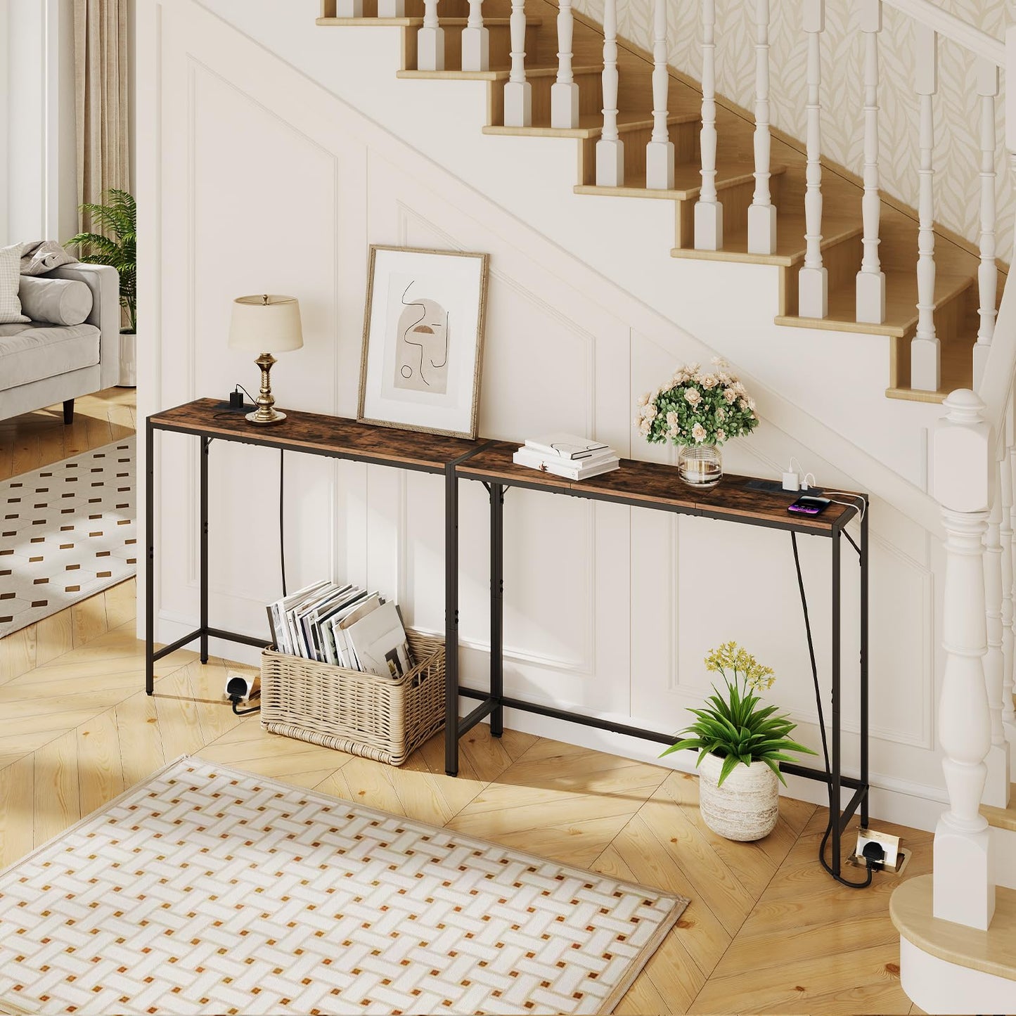 MAHANCRIS Console Table, Narrow Sofa Table, 43.3” Entrance Table with Power Station, Behind Couch Table, Simple Style, for Living Room, Hallway, Entryway, Foyer, Rustic Brown and Black CTHR112E01