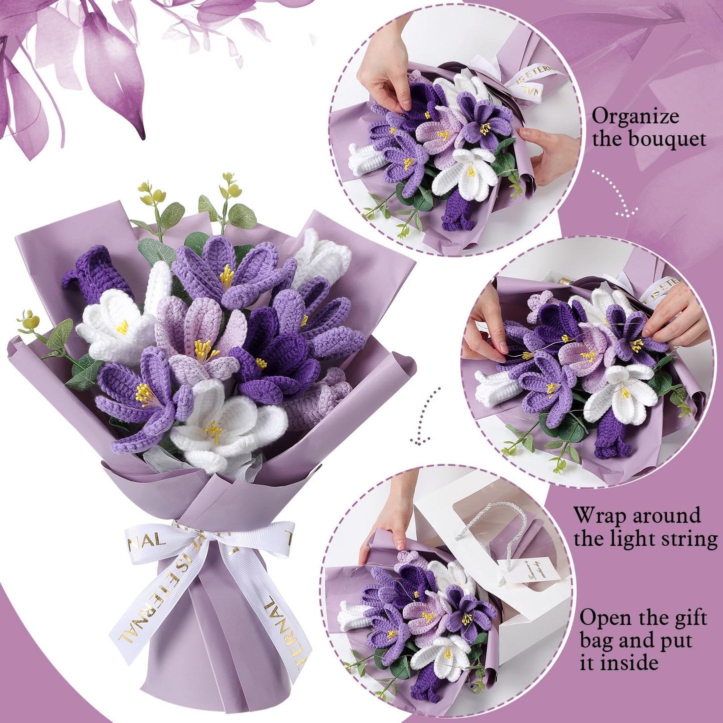 Juinte Mothers Day Crochet Flowers Bouquet Gift Completed Handmade Knitted Flowers with LED Lights Tulips Bouquet Gift for Mother Day Women Birthday Graduation Wedding Home(Purple)