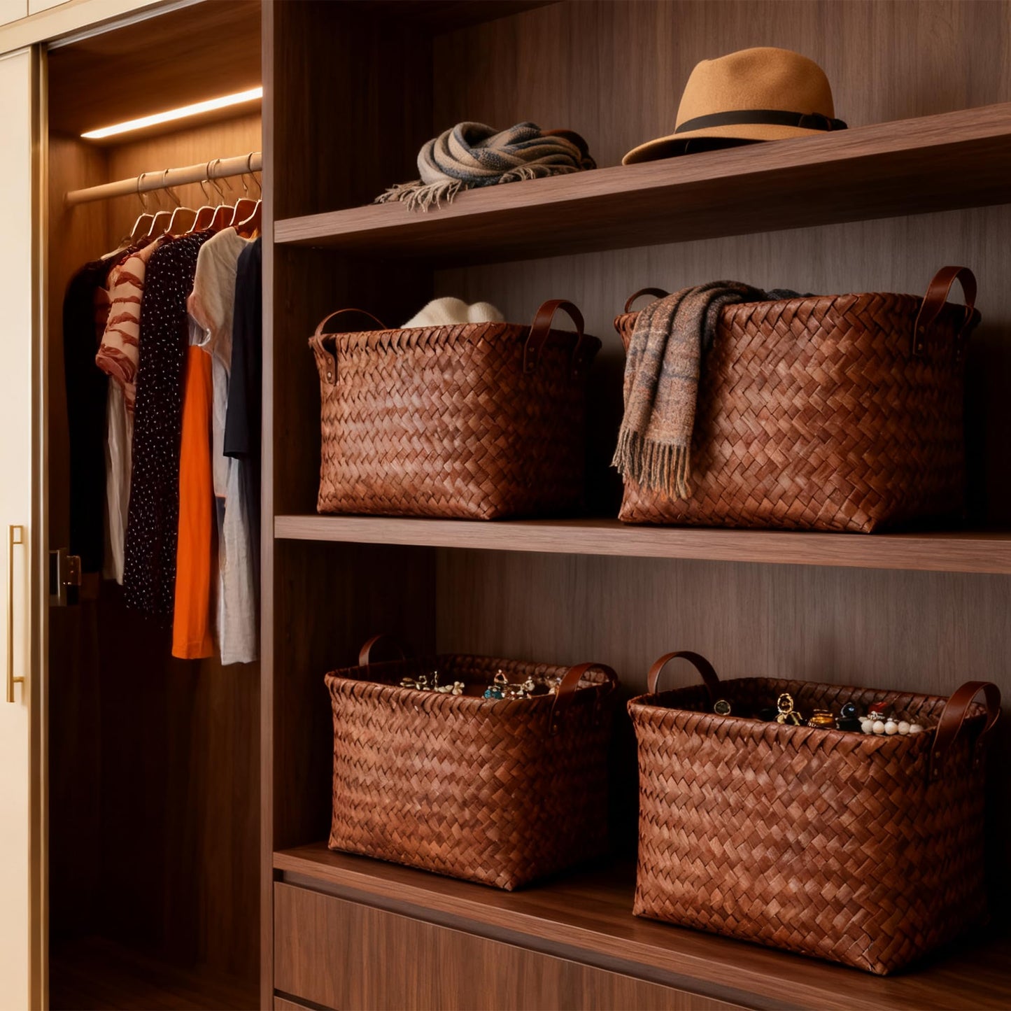 Stylave 15L Laundry Baskets Waterproof Storage Baskets For Shelves Large Laundry Hamper With Leather Handle -set of 4 Cube Organizers Woven Bins for Bathroom,Bedroom,Pantry,Clothes,Car & Towels-Brown