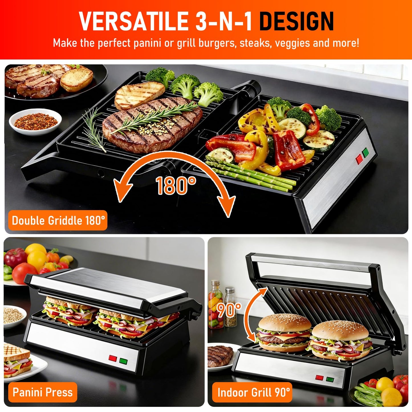 Panini Press Grill, 1200W Sandwich Maker with Non-Stick Plates, Standard 2-Slice Sandwich Press Electric Indoor Grill, Opens 180° to Fit Any Size of Food, Removable Drip Tray, Stainless Steel, Sliver