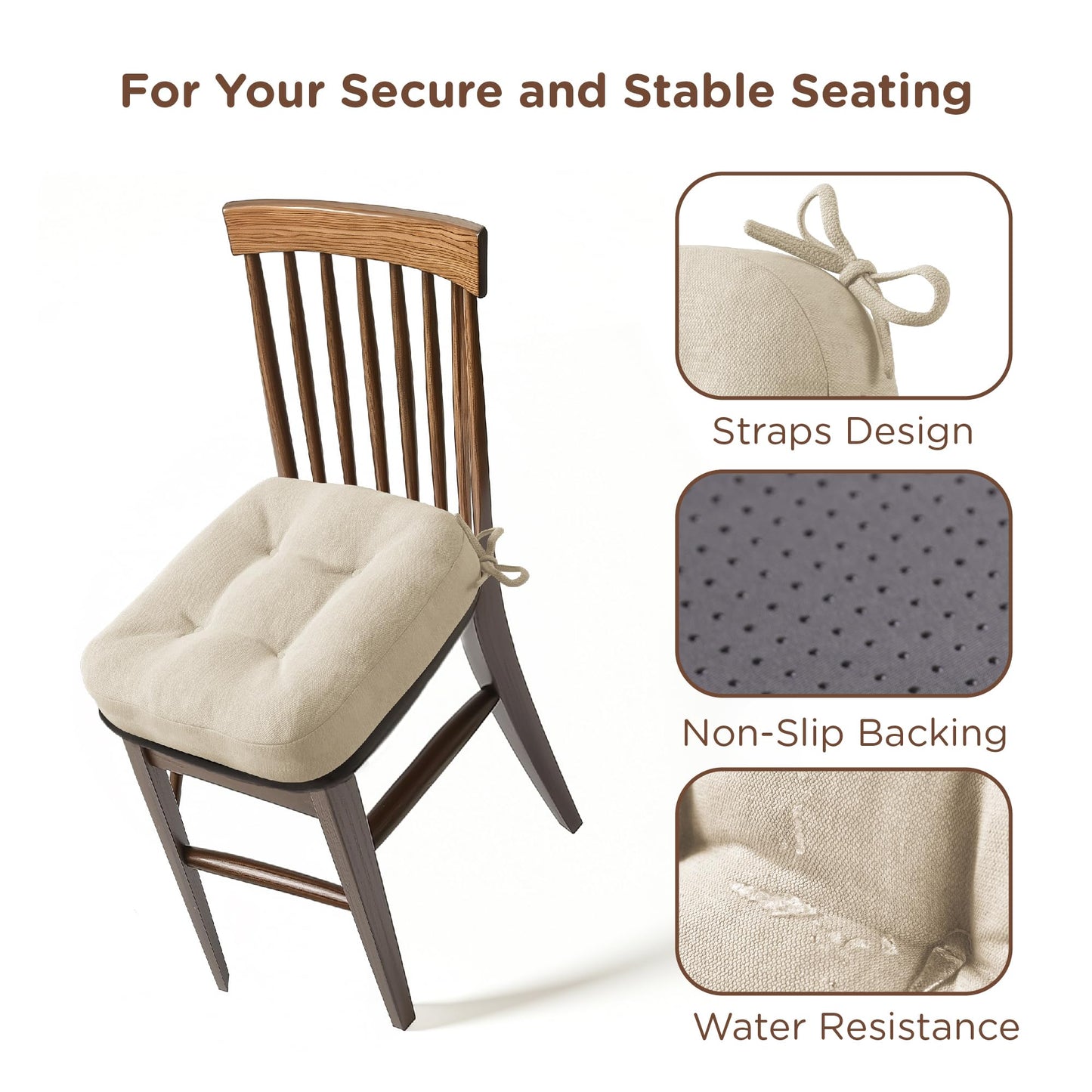 Codi Dining Chair Cushions 4 Pack, Thick Chairs Pads for Indoor Kitchen Room - Washable, Non-Slip Memory Foam Seat Cushion with Ties, 16.5"x16.5"x 3.5", Set of 4, Beige New