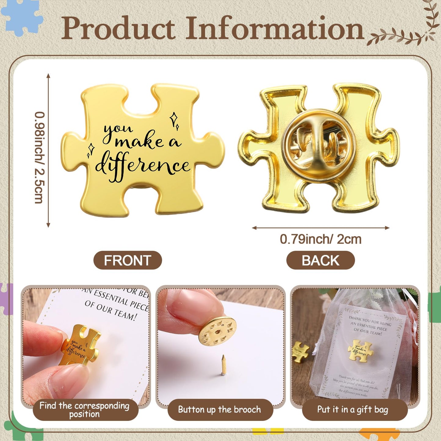 Solsew 100 Sets Employee Appreciation Gifts Bulk Puzzle Piece Lapel Pin Thank You Card and Organza Bag Building Recognition Soccer Baseball Team Gift for Employee Office Staff Coworker (Difference)
