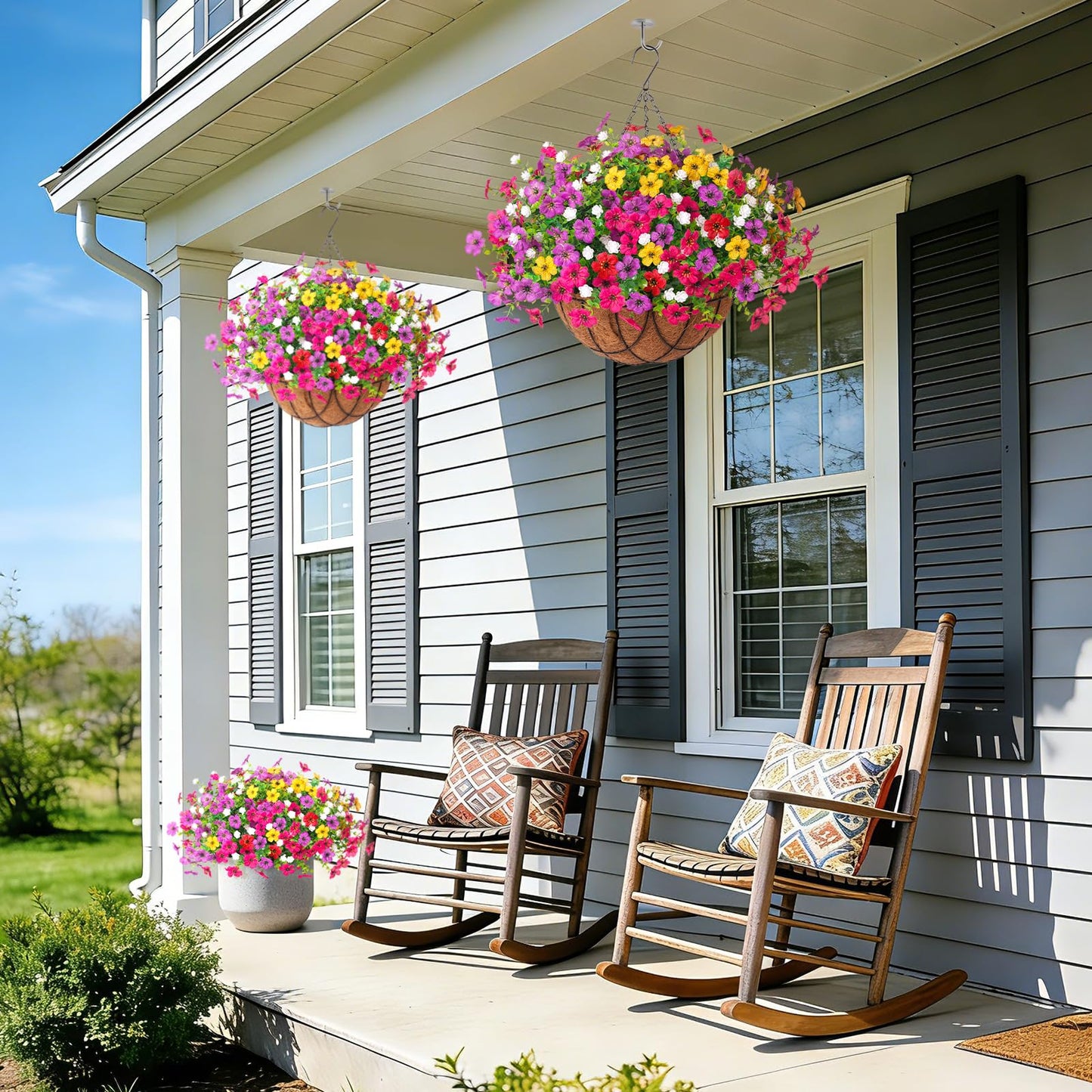 INXUGAO Artificial Silk Flowers Hanging Baskets Outdoors Indoors, Daisy with Eucalyptus Leaves Arrangement for Garden Yard Spring Summer Decor Faux Green Plant Metal Coconut Lining