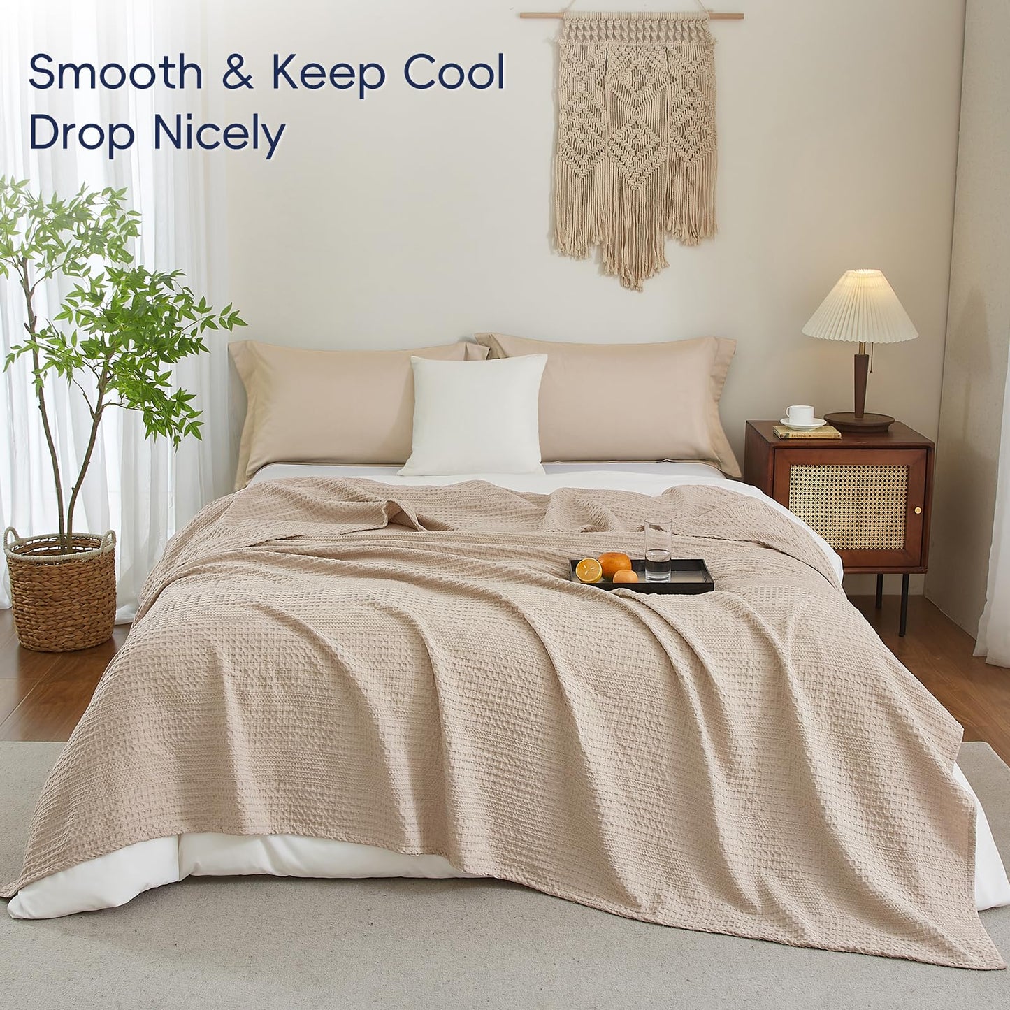 PHF Lightweight Waffle Weave Blanket King Size, Breathable & Ultra Soft, 104"x 90" Soft & Cozy Thin Blanket for Spring & Summer & Hot Sleepers, Bed, Home Decor - Light Tan