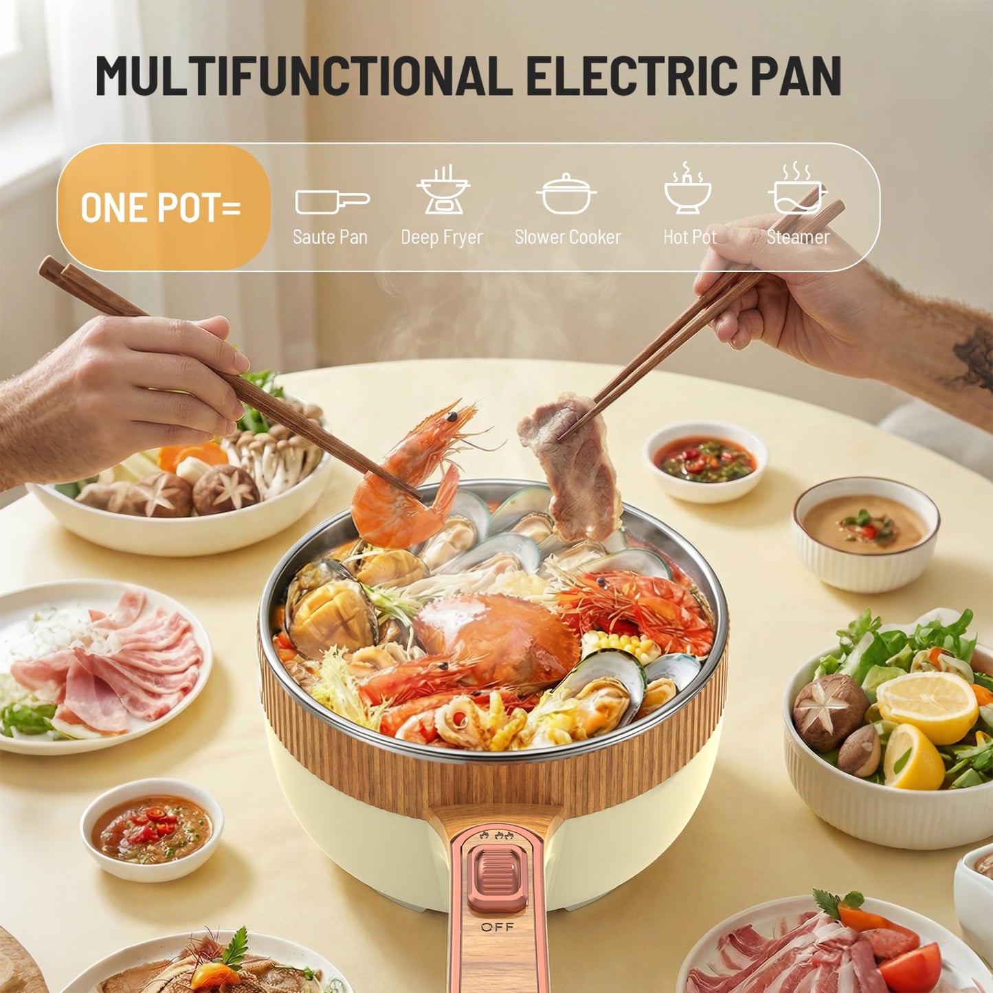 Cullinsss Hot Pot Electric, 1.5L Portable Electric Pot Frying Sauté Pan Multifunctional Cooker for Ramen Steak Soup with Adjustable Power for Dorm Home Travel (Silicone Spatula Included)