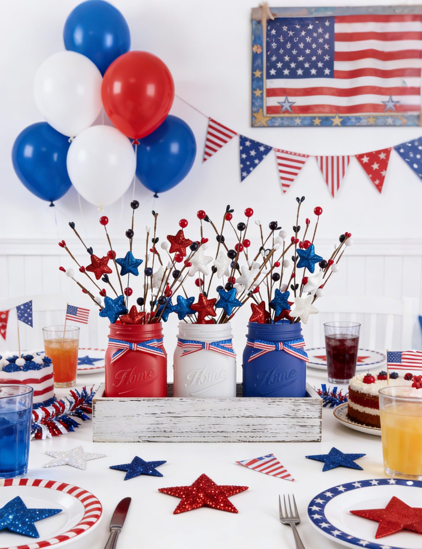 KIVIVO 4th of July Table Decorations, Mason Jar Memorial Day Decor with Artificial Picks, Fourth of July Patriotic Table Centerpieces, 10 Pcs Red White and Blue Independence Day Decorations for Home