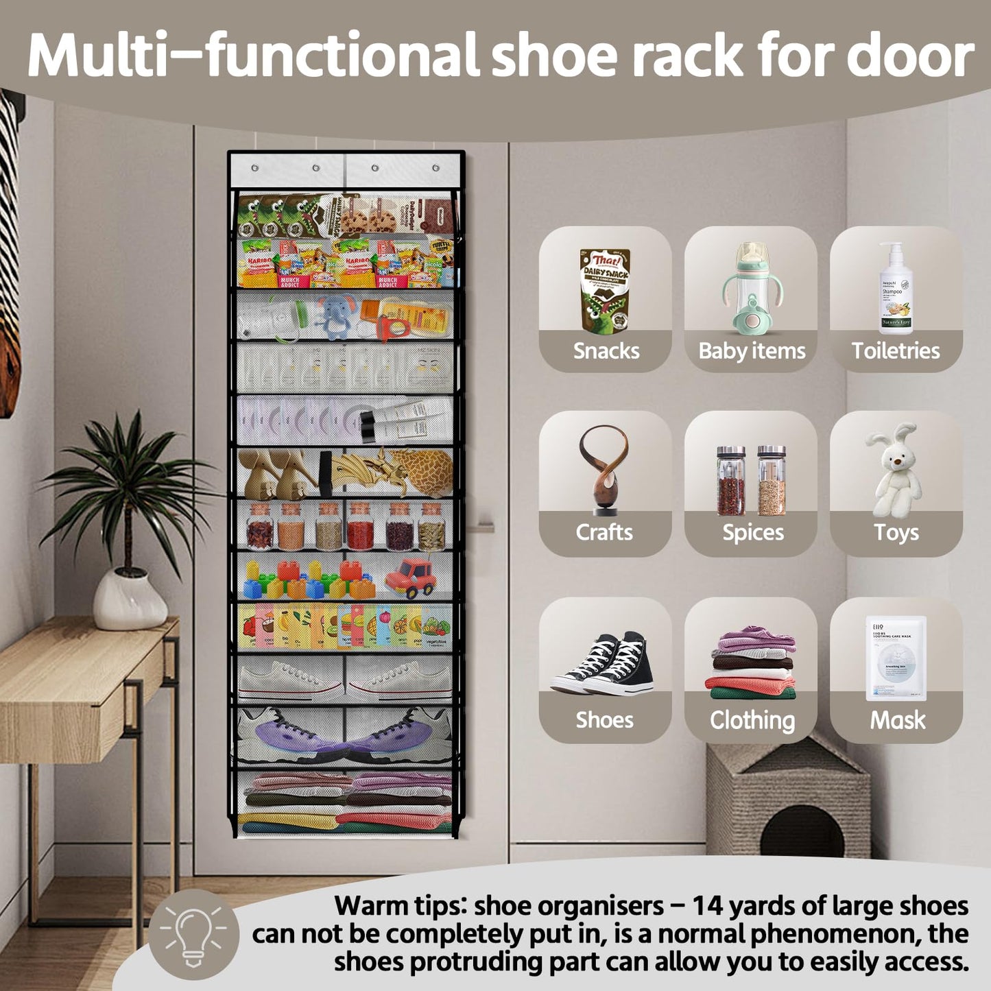 PAULONE 12 Pocket Over the Door Shoe Organizer,Reusable Breathable Large Mesh Bag Men's & Women's Sneaker Organizer,Shoe Organizer for Kids,Hanging Shoe Storage Hanging Bag (White)