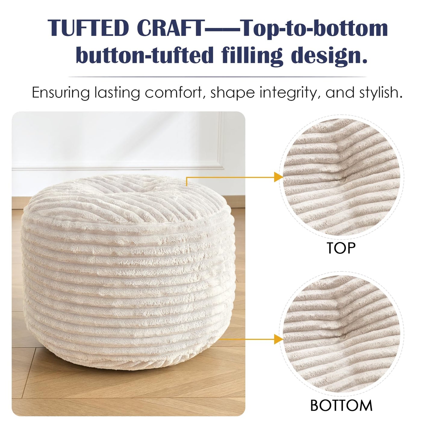 SHOUREN Stuffed Round Ottoman,Corduroy Pouf Ottoman Foot Rest with Foam Filling,Pouf Storage Ottoman Footstool for Living Room,20 X 15 Floor Poufs for Couch - 20 X 15 Inches,Beige