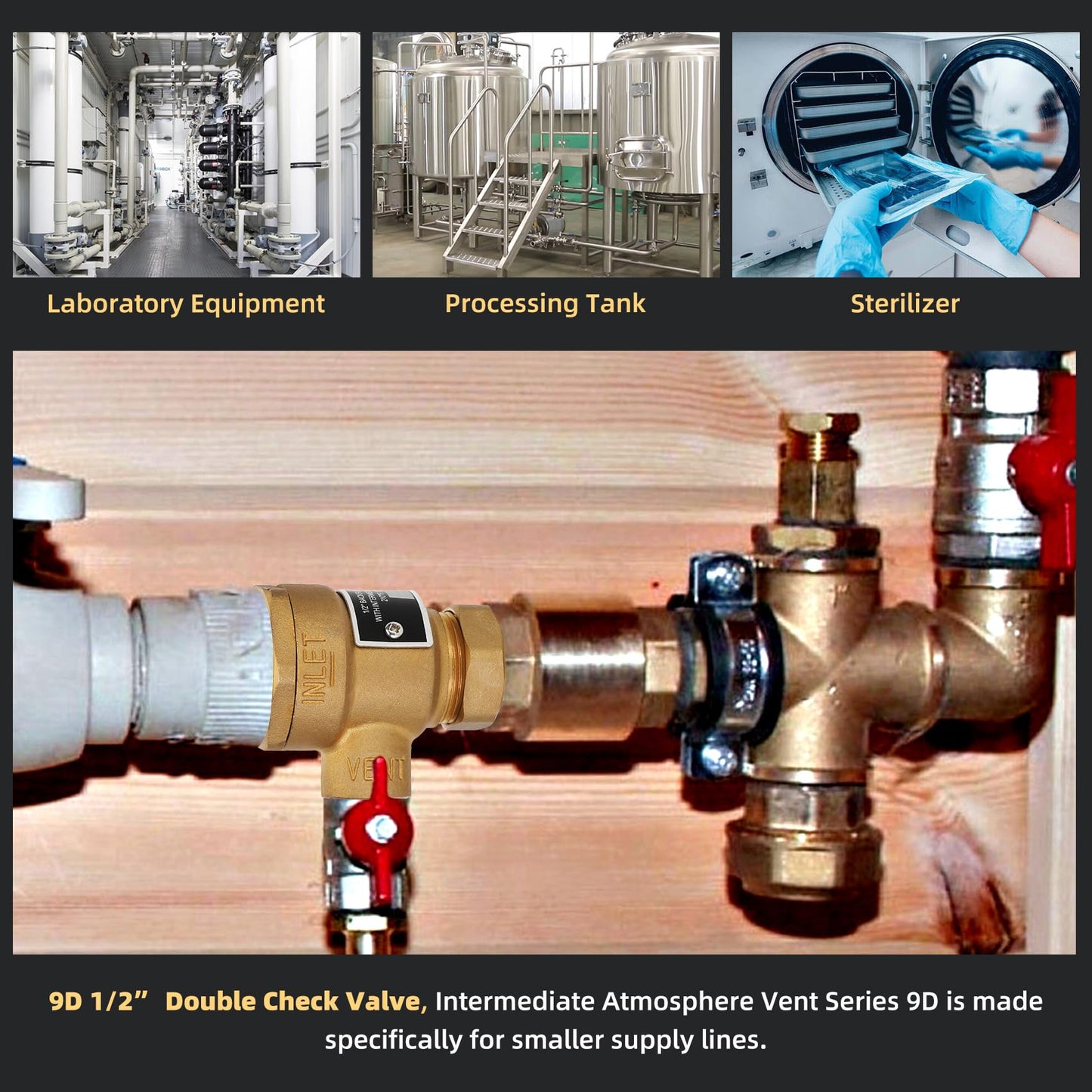 1/2" 9D-M3 Backflow Preventer Brass Dual Check Valve with Intermediate Atmospheric Vent,1/2 Inch,Female Union Inlet and Outlet,190T012,Replacement for Watts