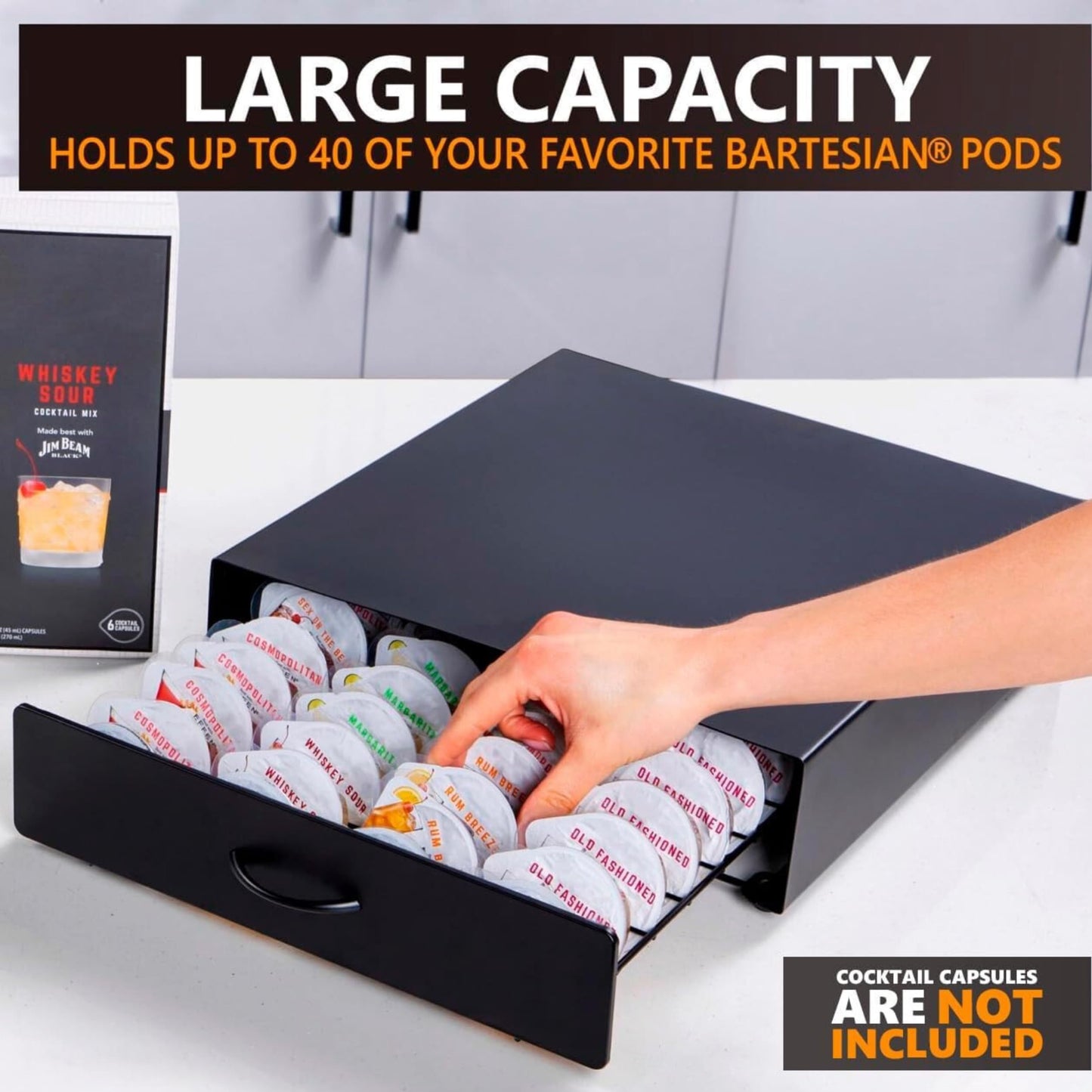 KSESTOR Bartesian Capsule Holder - Storage Drawer Holds 40 Cocktail Pods, Matte Black Slide-Out Organizer for Bartesian Cocktail Maker & BEV by Black+Decker