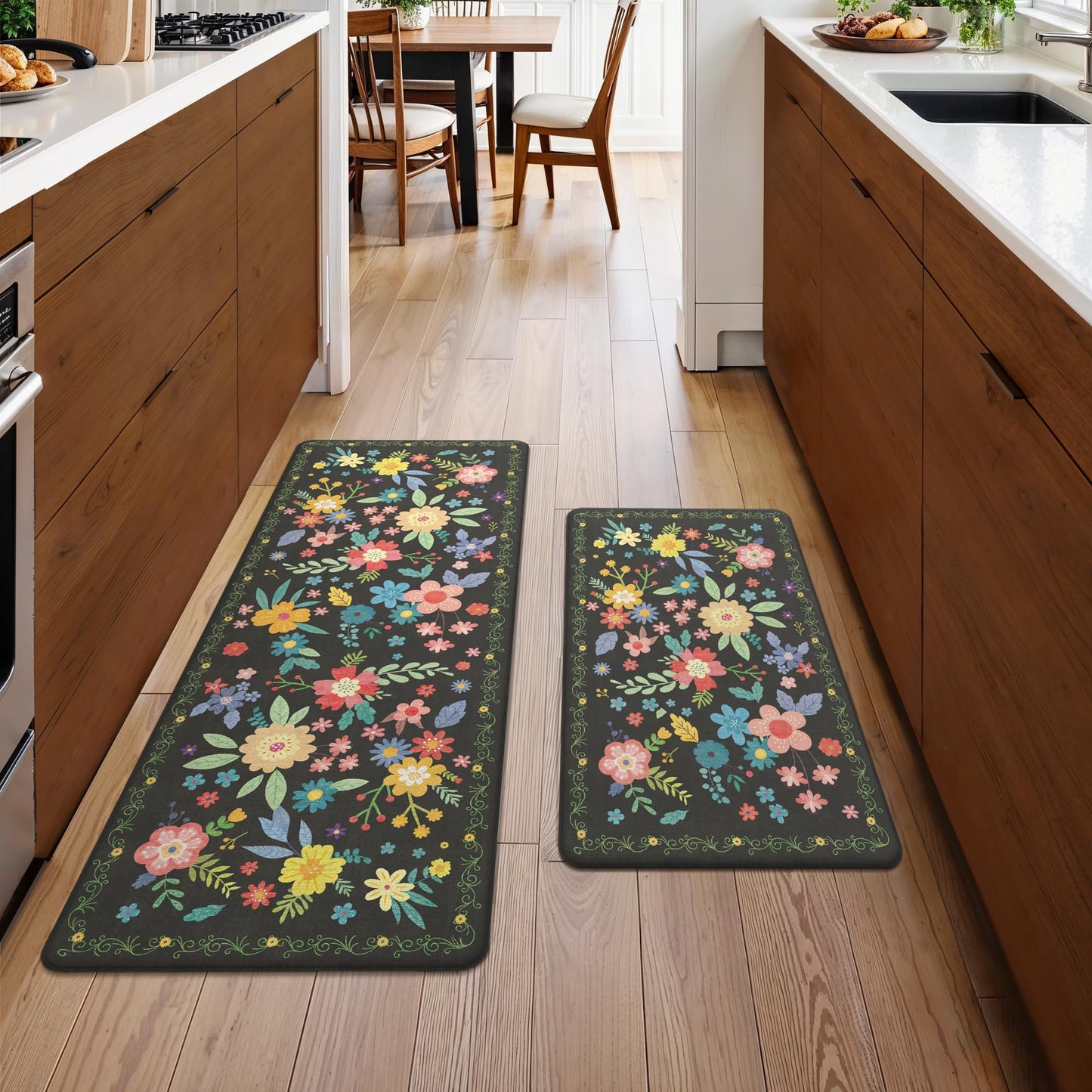 GENIMO Kitchen Mats for Floor 2PCS, Cushioned Kitchen Rugs Non Slip Washable, Farmhouse Anti Fatigue Mat Waterproof, Comfort Standing Mat Rug for Office, Home, Laundry, 17.3"x47"+17.3"x30", Black