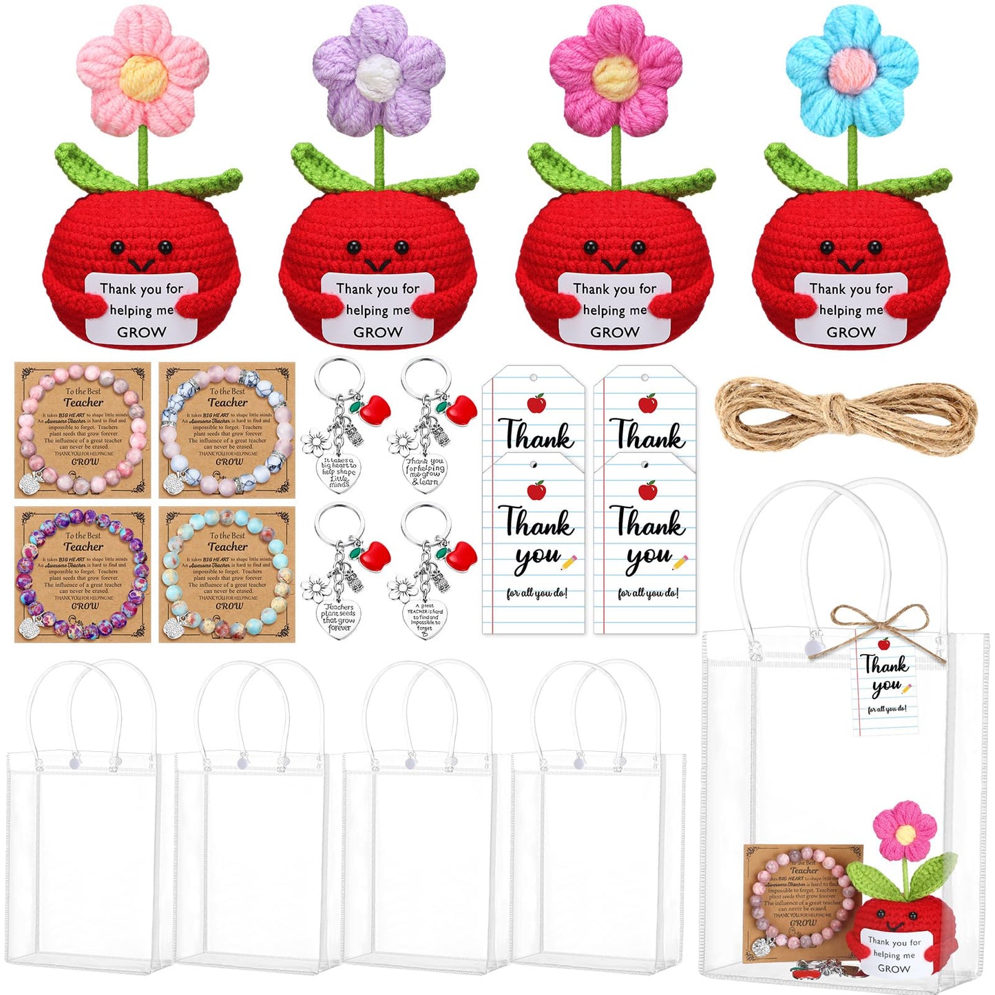 Wavwavw 4 Sets Teacher Appreciation Gifts Bulk Include Crochet Flower Dolls Thank You Crochet Gift Bracelets Keychains Appreciation Bags with Cards Tags End of Year Teacher Gifts(Apple Flower)