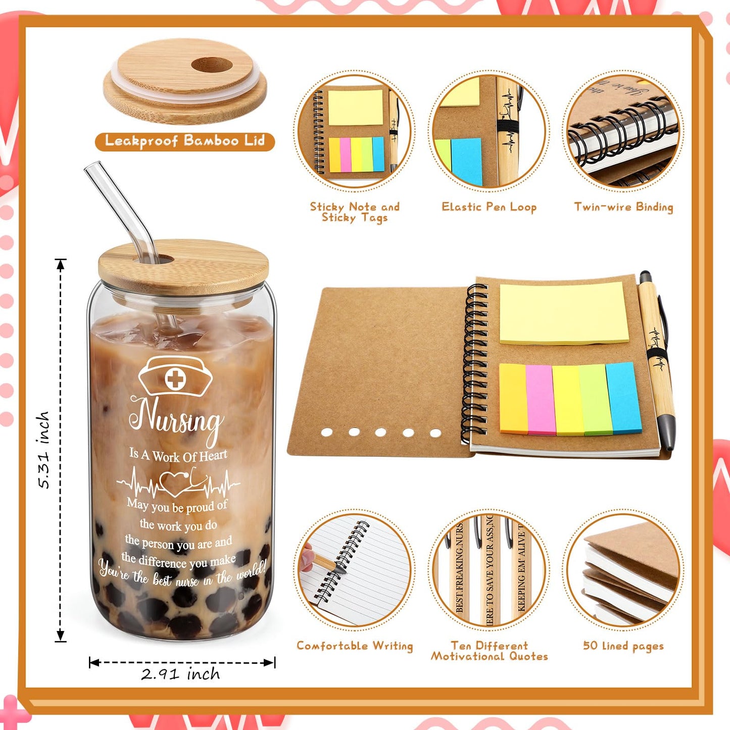Resurhang 12 Sets/36 Pcs Nurse Week Appreciation Gifts Bulk Inspirational Spiral Notebook with Sticky Note, Ballpoint Pens and 17 oz Clear Glass Cup Thank You Gift for Medical Assistant Coworker