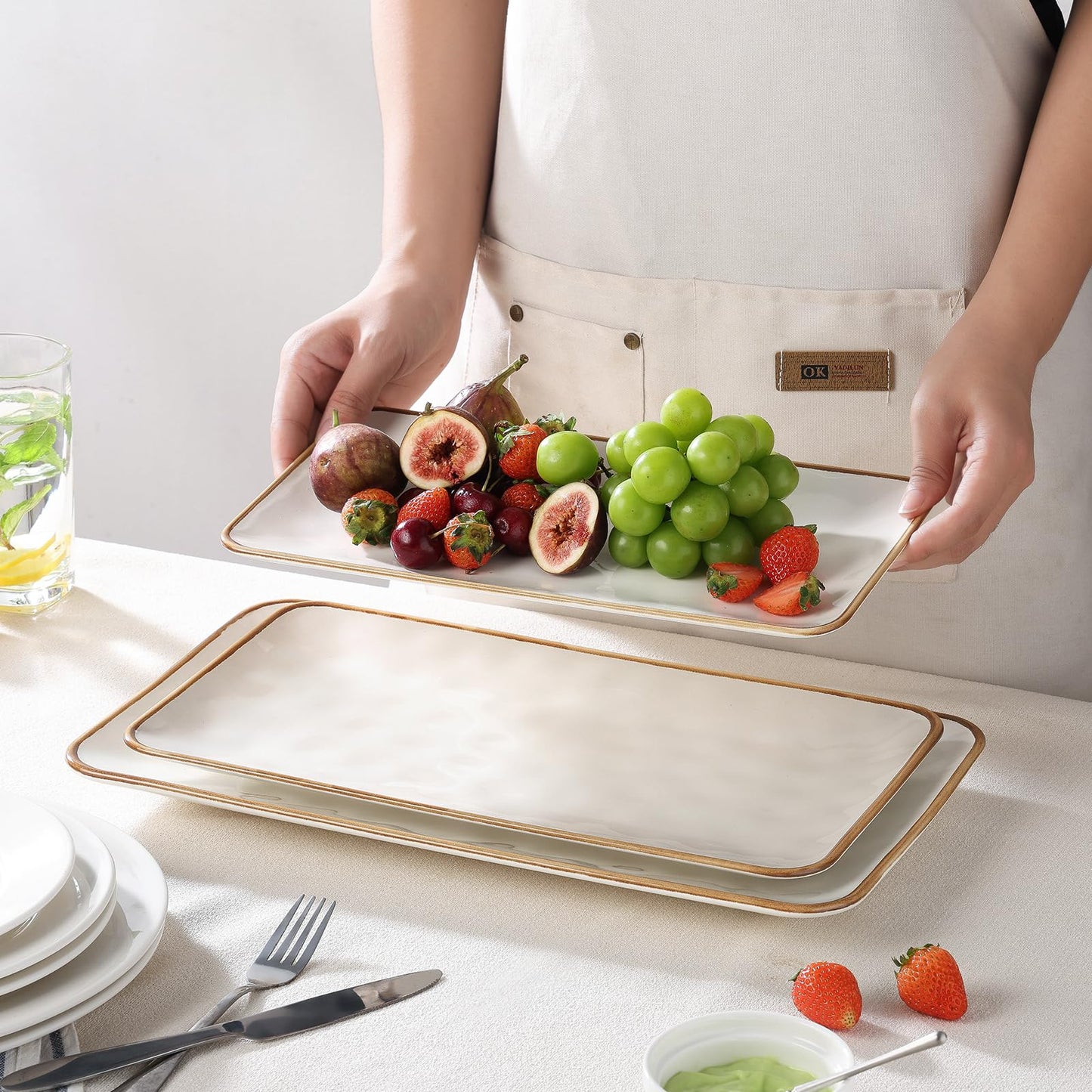 CULIVORA Ceramic Rectangle Serving Platter with Brown Rim: 15.6/14.1/12.6 Inch Large Serving Dishes for Entertaining Party, Sushi, Turkey, Cheese, Snack and Dessert, Microwave Dishwasher Safe