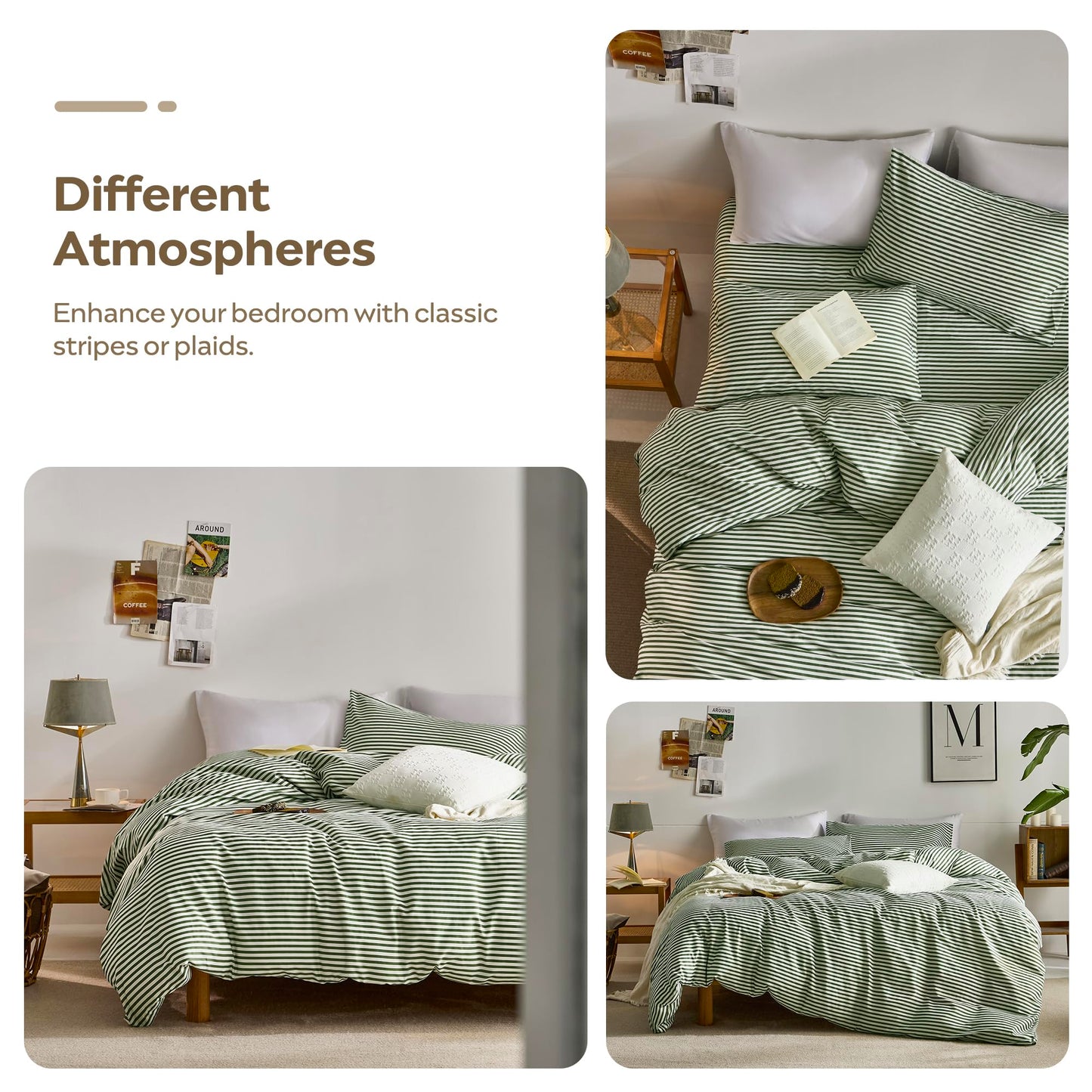 JELLYMONI 100% Natural Cotton 3pcs Striped Duvet Cover Sets,White with Green Stripes Pattern Printed Comforter Cover,with Zipper Closure & Corner Ties(Queen Size)