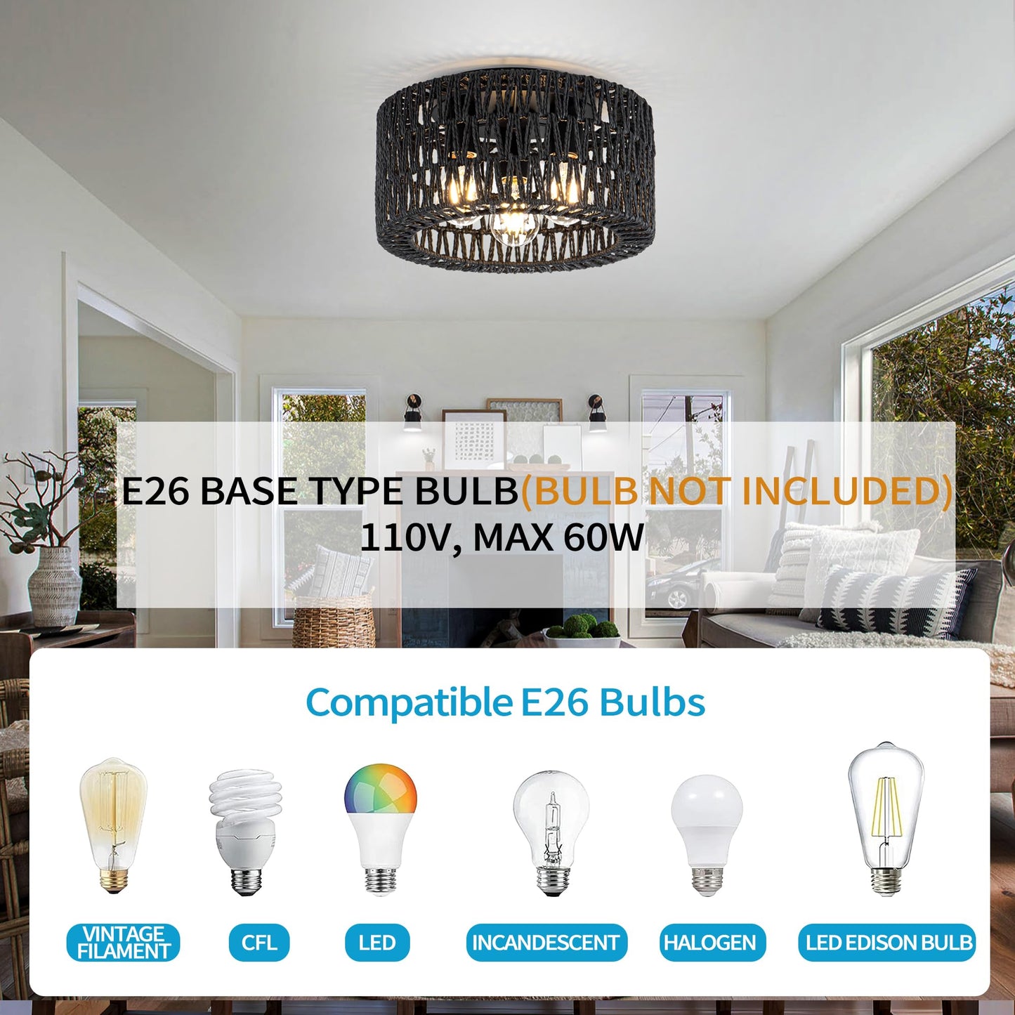 Rattan Ceiling Light Fixture, 3-Light Bohemian Modern Woven Ceiling Light, Black Boho Flush Mount Ceiling Light for Bedroom Living Room Dining Room, Bulb Not Included