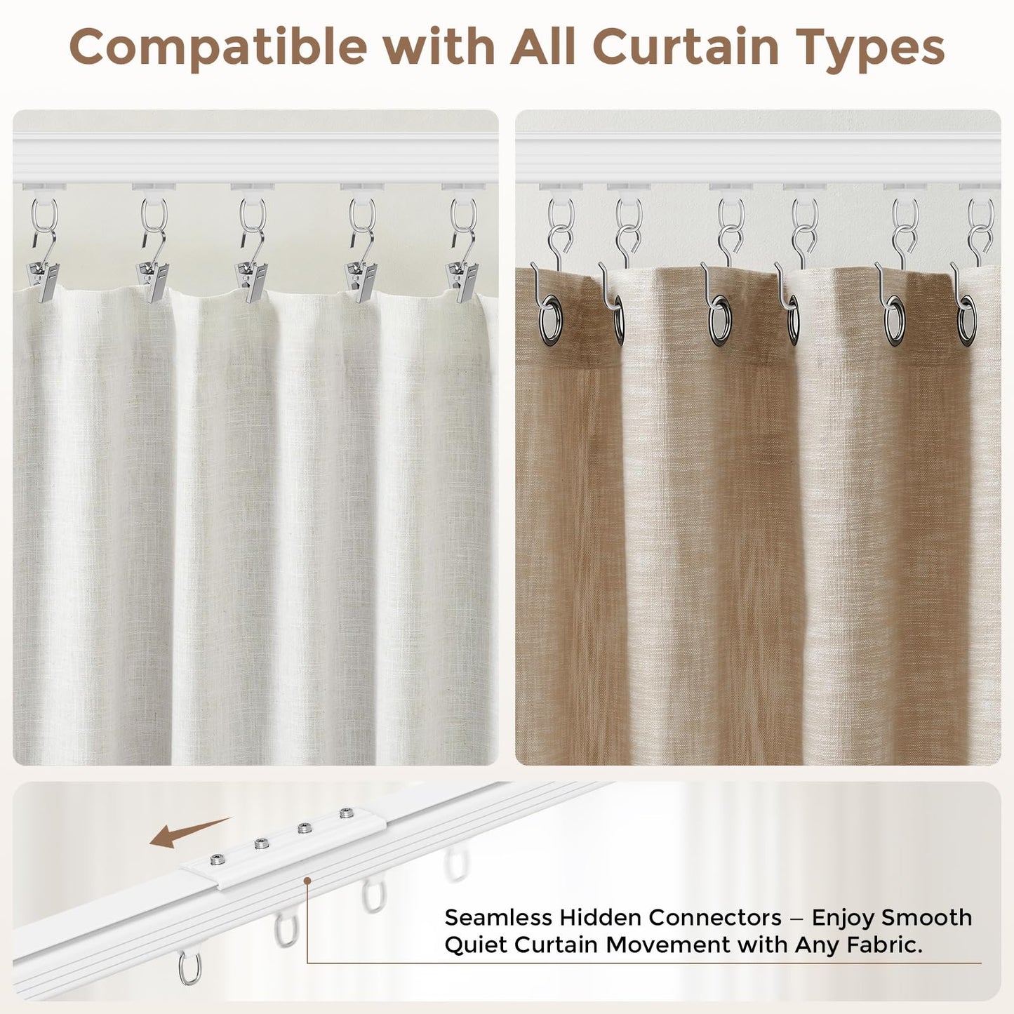 Ceiling Curtain Track 6–9 ft White - Heavy Duty Ceiling/Wall Mount Curtain Rail/Rod System, 30 Quiet-Glide Rollers, 30 Hooks, 30 Clips, Room Divider for Living Room, Bathroom or Hospital