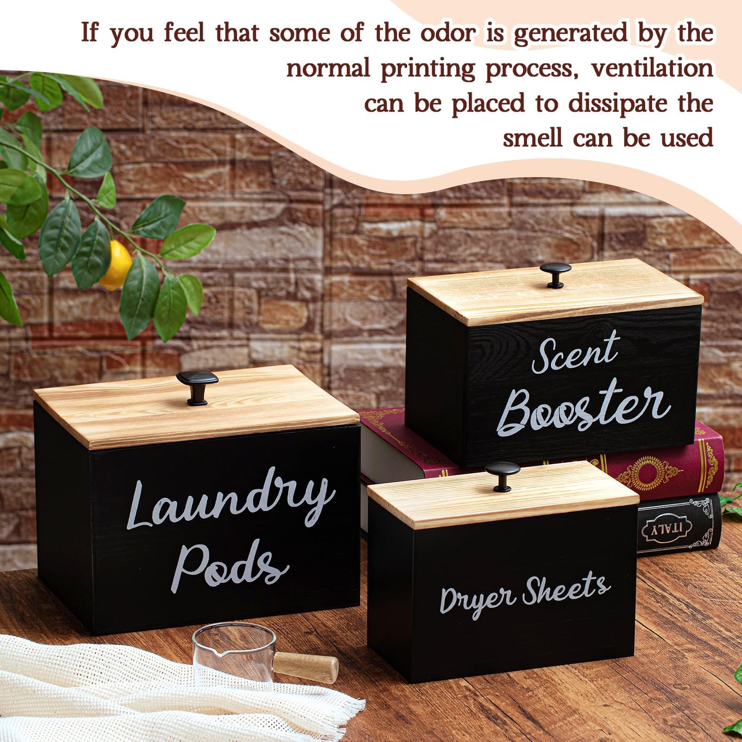 Dandat 3 Pcs Wood Laundry Pods Container Farmhouse Decoration Laundry Room Organization and Storage, Rustic Dryer Sheet Holder Scent Booster Container Set with Scoop(Black)