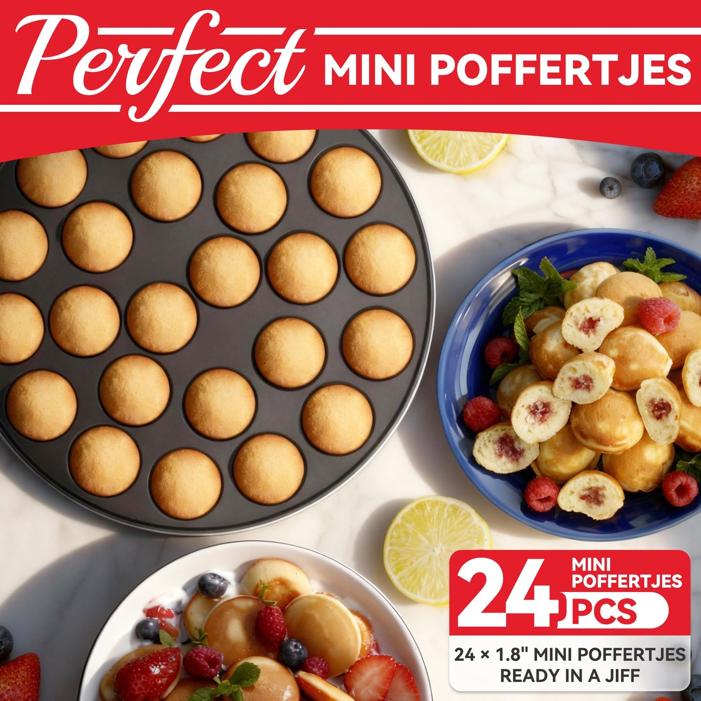 SugarWhisk 24 Slots Mini Pancakes Maker, Poffertjes Maker Pan, Thin Ebelskiver Aebleskiver Pan, Electric Pancakes Maker, Dutch Pancake Machine, Browning Controllable, with Brush & Forks, White