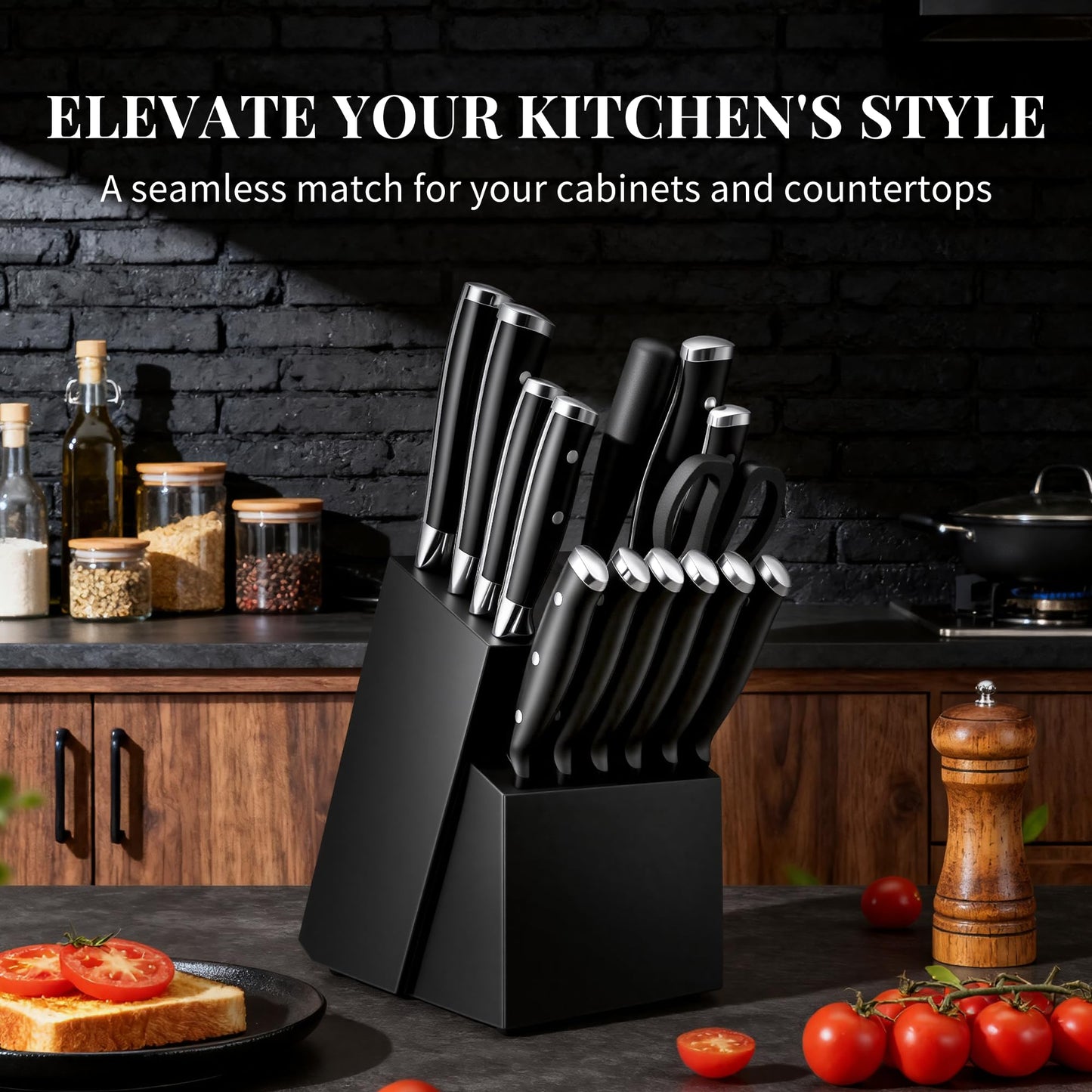 Knife Set, 15 Piece Premium Kitchen Knife Block Set, Razor-Sharp, High Carbon Stainless Steel Chef Knife, Ergonomic Forged Triple Rivet Handle, Black Sharp Knife Set for Kitchen, Dishwasher Safe