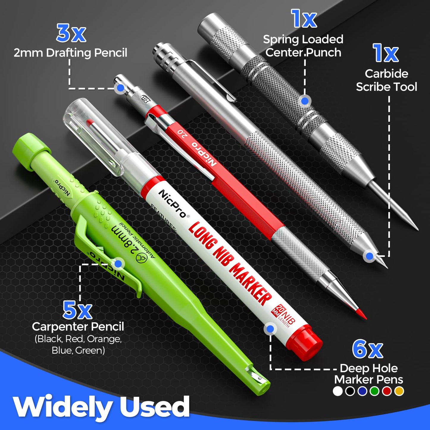 Nicpro 44 Pack CP3000 Carpenter Pencils with Sharpener, Mechanical Carpenter Pencil set with 169PCS Refills, Long Nib Marker Pens, Carbide Scribe Tool & Construction Pencils for Architect Woodworking