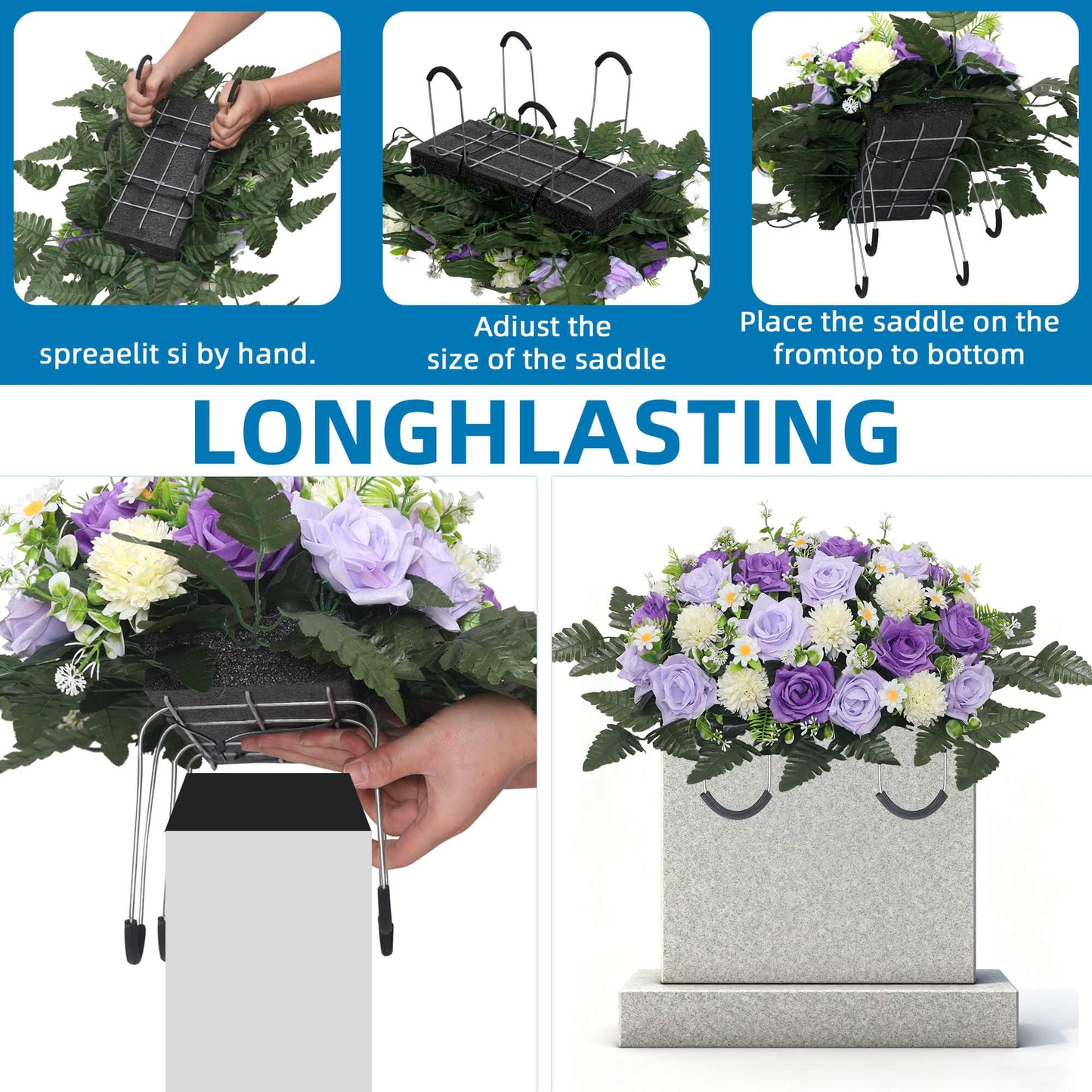 Lodou 3Pack Cemetery Decorations for Grave Large Headstone Flower Saddle Artificial Rose Bouquets with Vases for Outdoor Grave Headstone Decorations(Purple)