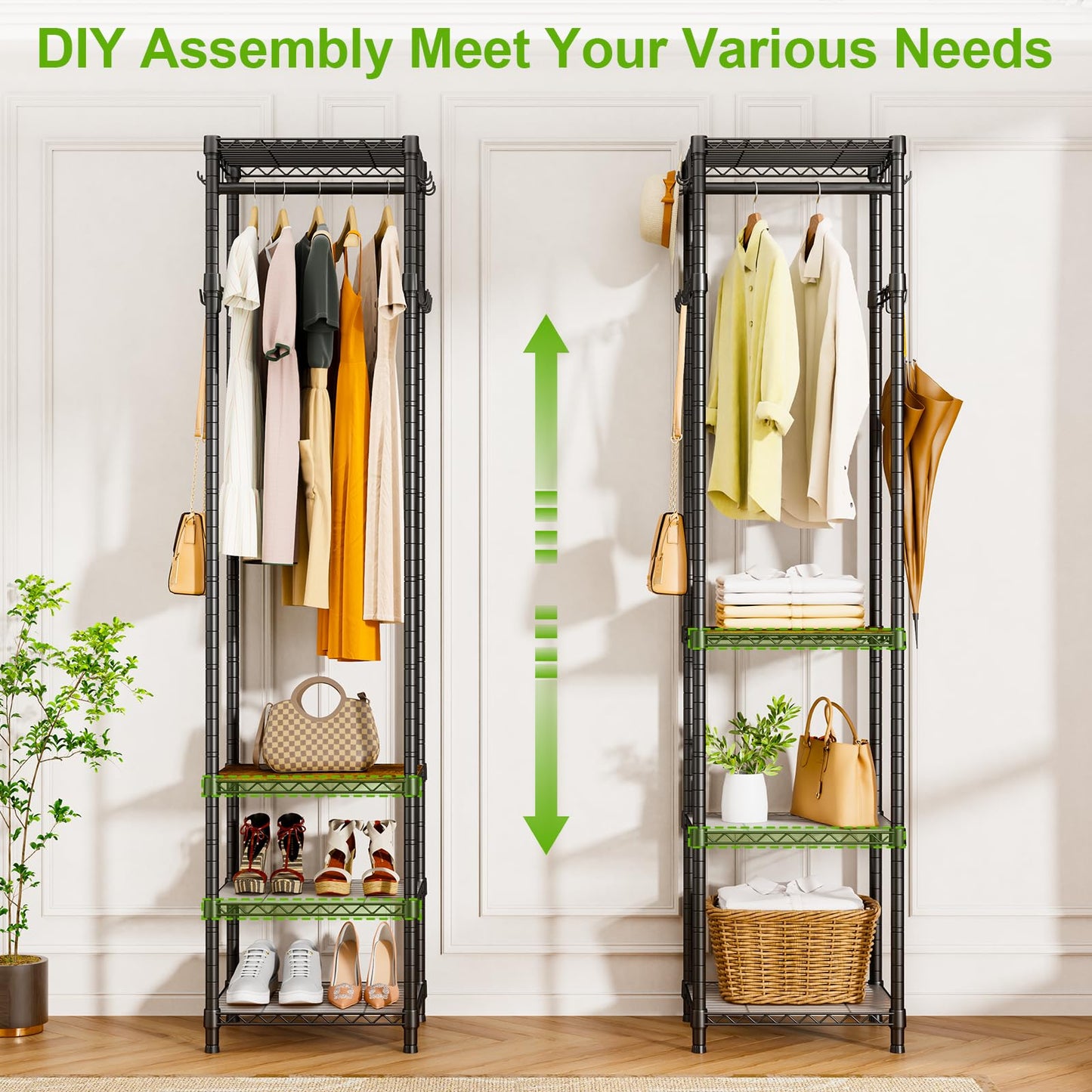Roxibelt R1 Clothes Rack Heavy Duty, Clothing Racks for Hanging Clothes, Garment Rack with Storage Shelves, Small Coat Rack Freestanding for Entryway, Hallway, Bedroom, Max Load 448 Lbs, Black