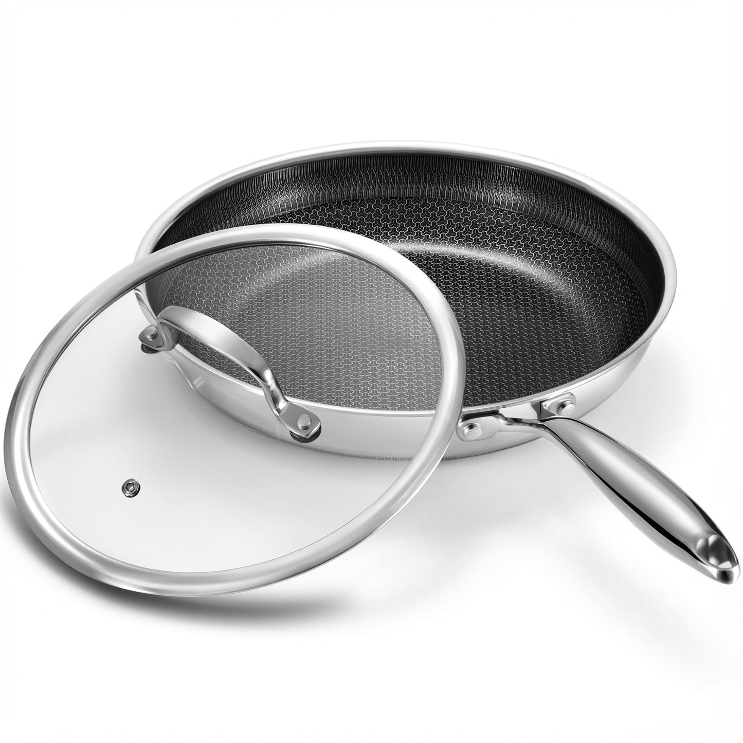 10 Inch Non Stick Frying Pan with Lid, Hybrid Nonstick Stainless Steel Skillet Pan with Stay-cooling Handle, PFOA Free Non Toxic Dishwash & Oven Safe Kithchen Cookware Set Compatible All Cooktops