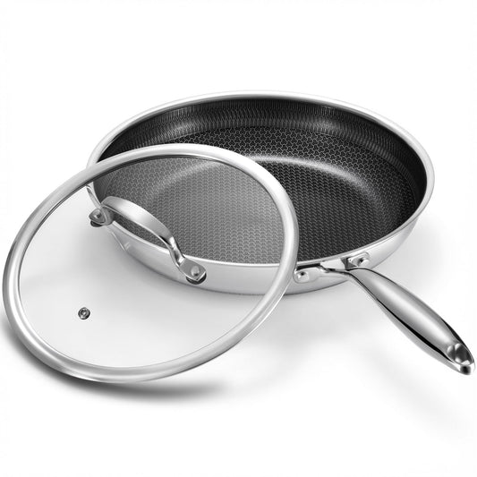 10 Inch Non Stick Frying Pan with Lid, Hybrid Nonstick Stainless Steel Skillet Pan with Stay-cooling Handle, PFOA Free Non Toxic Dishwash & Oven Safe Kithchen Cookware Set Compatible All Cooktops