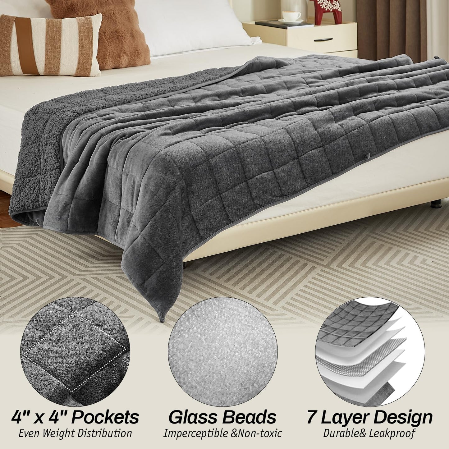 Sherpa Fleece Adult Weighted Blanket, 15 Pounds Dual Sided Soft Plush Blanket for Couch Bed Sofa, Heavy Thick Blankets with Glass Beads Great for Sleep, 48 x 72 inches, Dark Grey on Both Sides