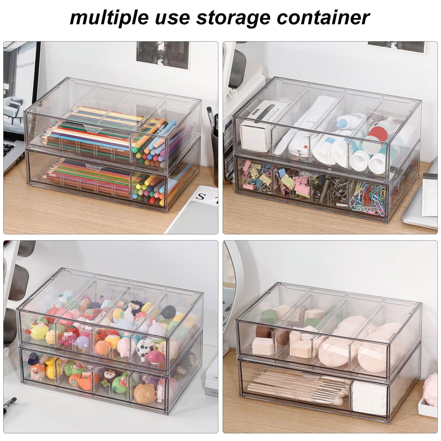 GOXITAX Clear Pen Organizer with Drawer, 2 Pack Plastic Desk Accessories Storage Box with Removable Dividers for Home Office, School Supplies, Stationery, Art Crafts, Stackable Pencil Holder