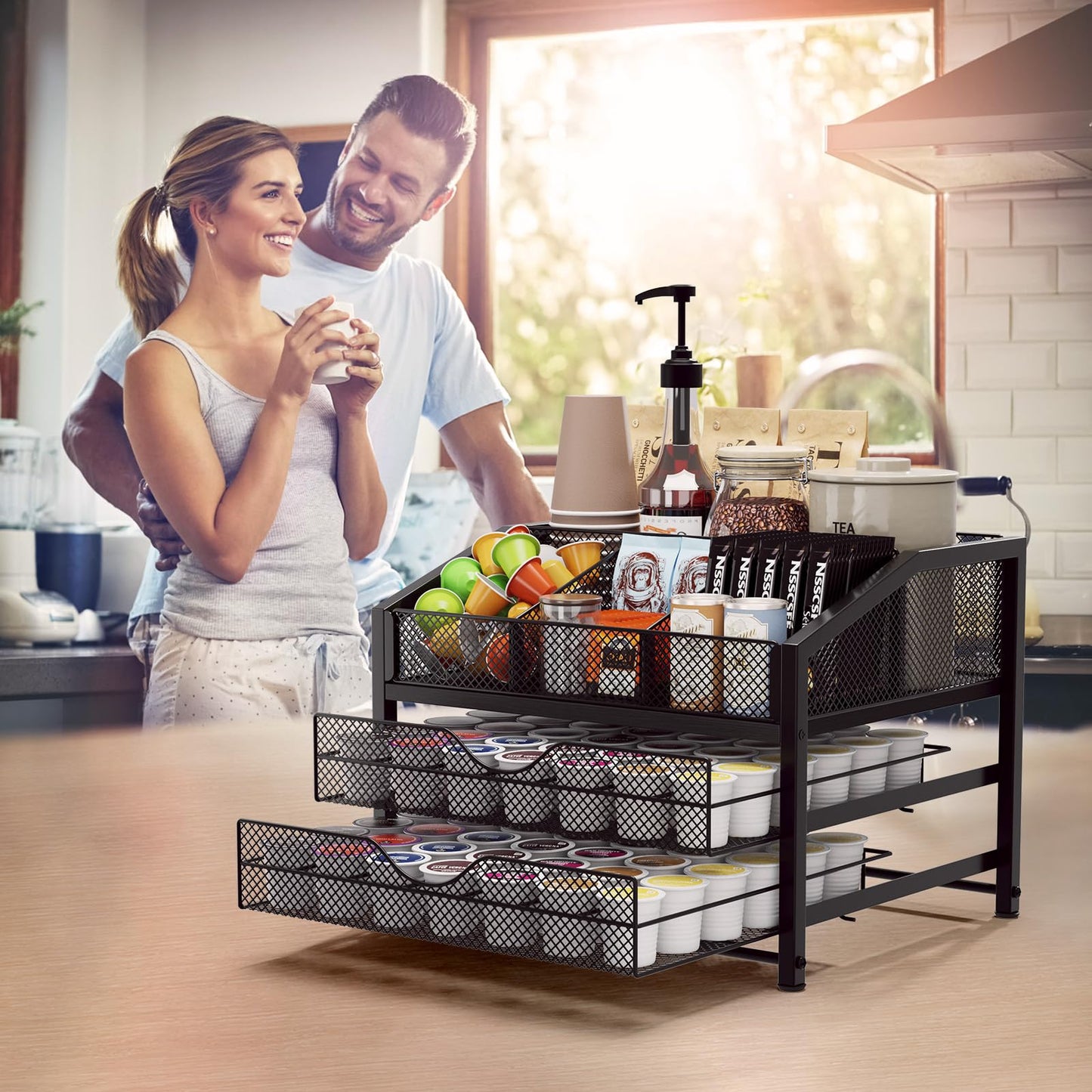 Homsorout Coffee Bar Organizer - Coffee Station for Countertop, Metal and Wood K Cup holder Storage Basket for Syrup, Cups, Stirrer, Condiment, Tea Organizer, Black