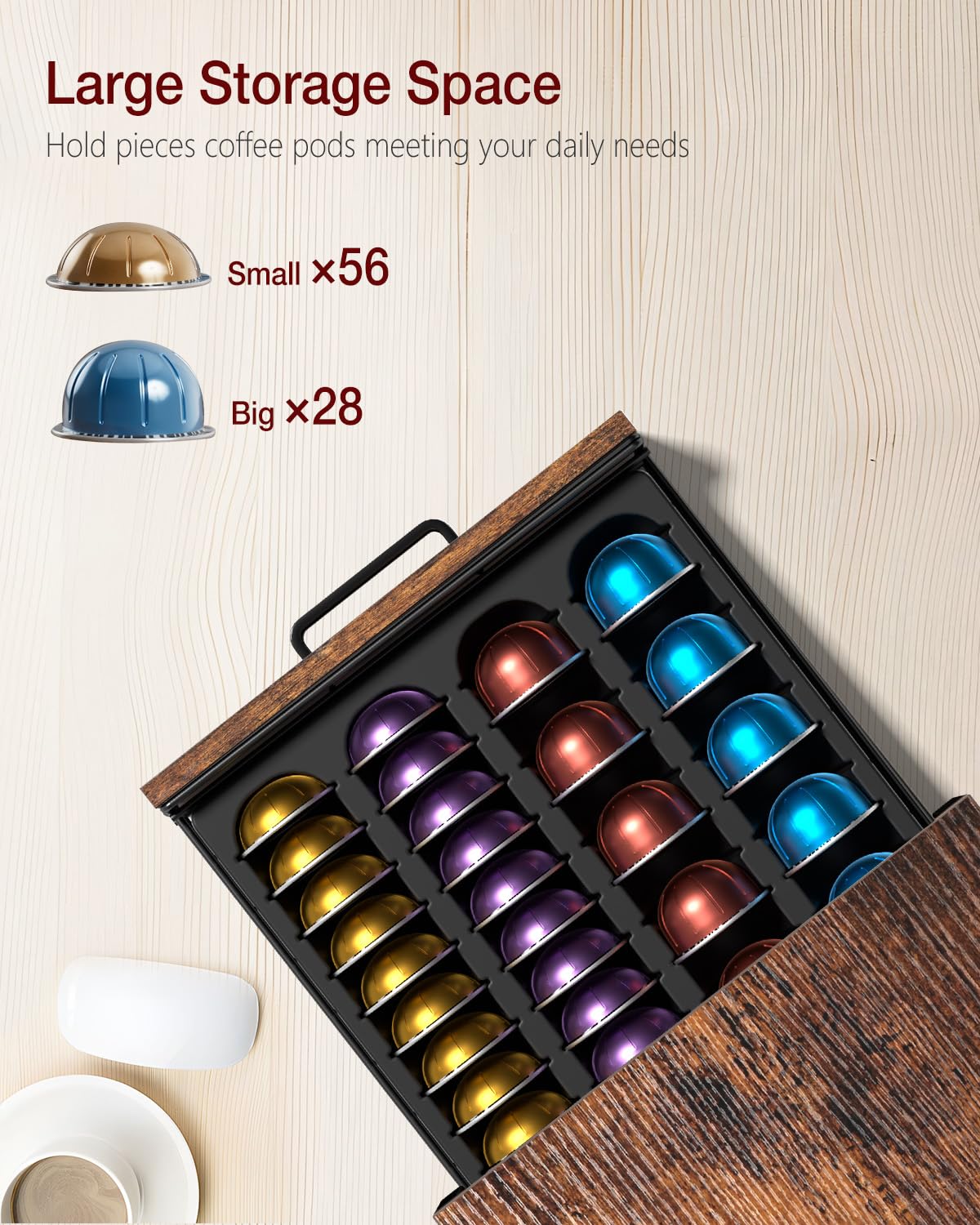 Evermagin Coffee Pod Holder, Vertuo Pod Holder Compatible with Nespresso, 28 Large or 56 Small Nespresso Capsule Organizer Drawer Station with Cup Rack, Rustic Brown