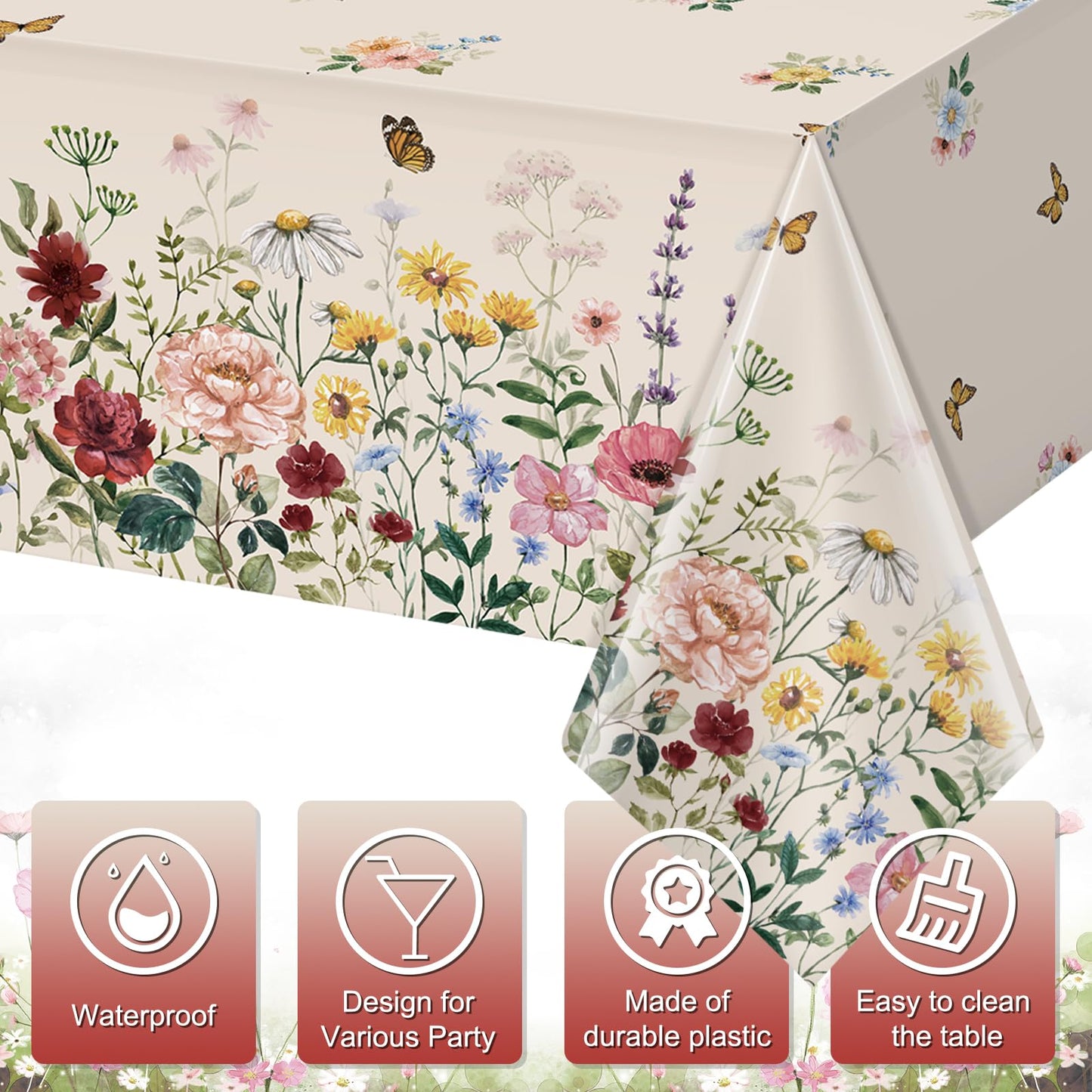 12 Pcs Spring Floral Tablecloth, Butterfly Wildflower Plastic Disposable Tablecloth Rectangle Table Covers for Easter, Birthday, Wedding, Mothers Day Tea Party Supplies and Decorations,54 x 108 Inch