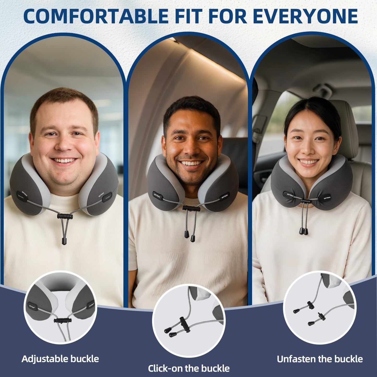 SKYTRAX COMF® Premium Ergonomic Memory Foam Travel Neck Pillow, Washable Cooling Ice Silk Cover, Firm Neck Support for Airplane Long Flights & Pain Relief, with Portable Carry Case (Grey)