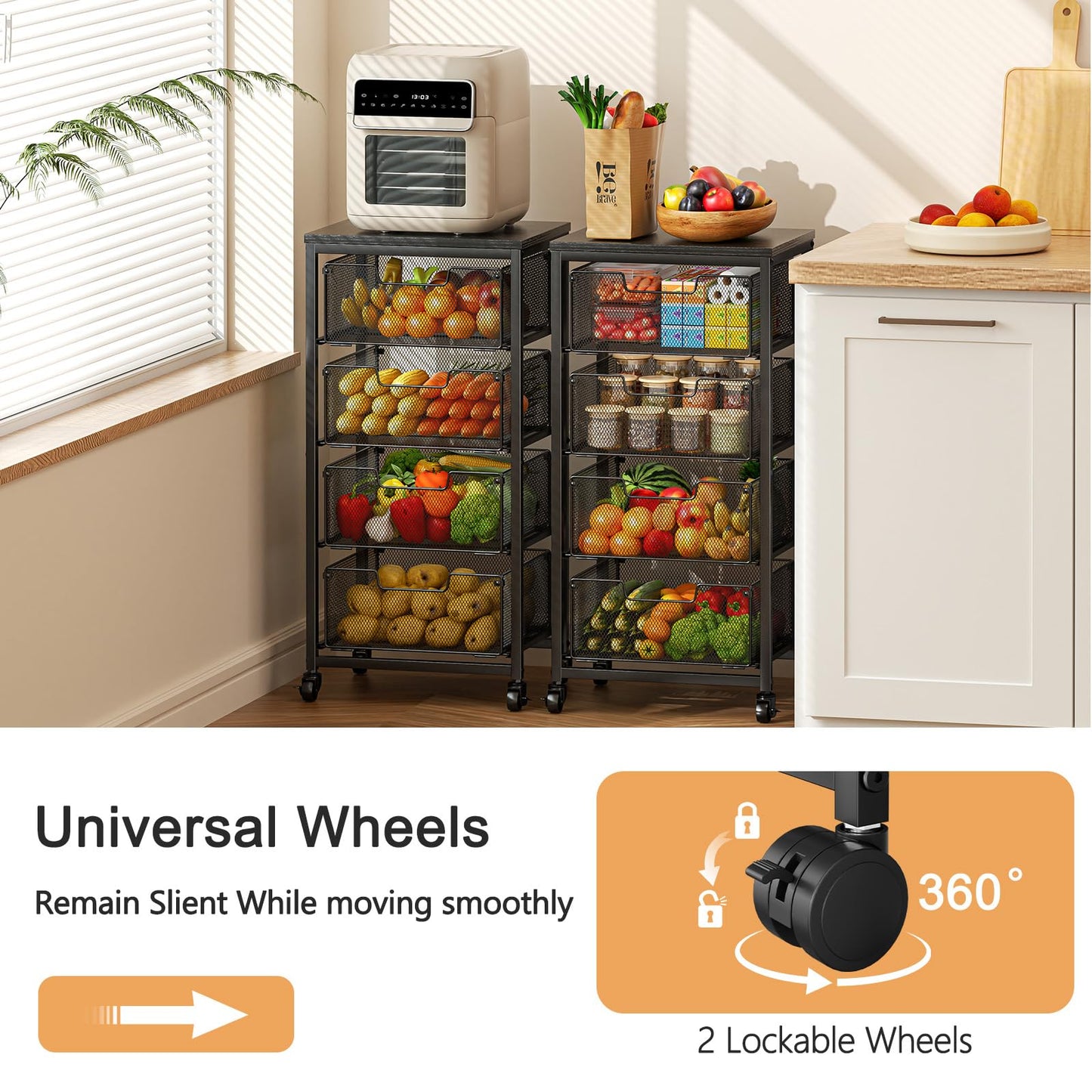 4-Tier Fruit Vegetable Storage Cart - Kitchen Organizer and Storage Cart with Wheels, Wooden Top Metal Wire Fruit Vegetable Rack Stand with Drawers to Storage Cans Snacks for Kitchen(Patent Pending)