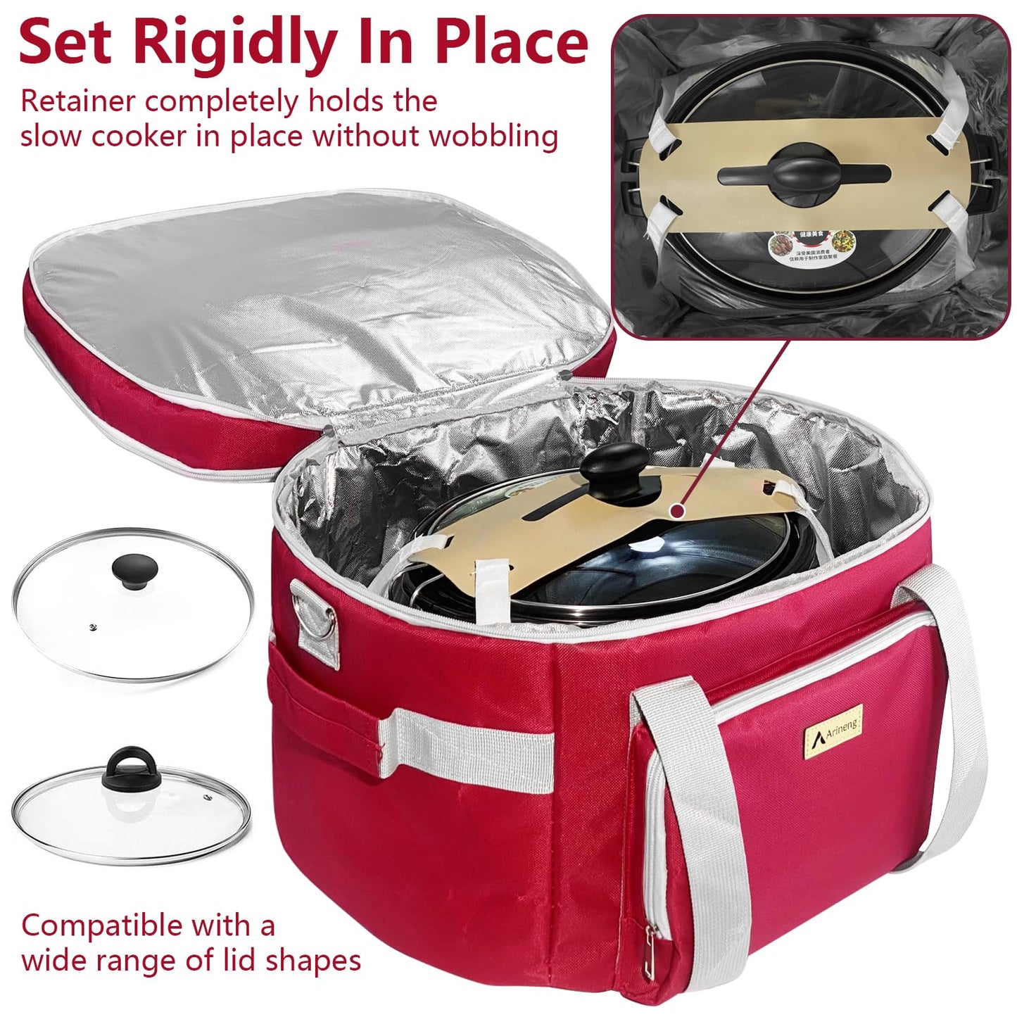 Arineng Crock Pot Bags carrying bag for 4-8 Quart Crock Pots - Insulated Travel Carrier with Fixators, Base Pad, and Shoulder Strap - Suitable for Small and Large Slow Cookers