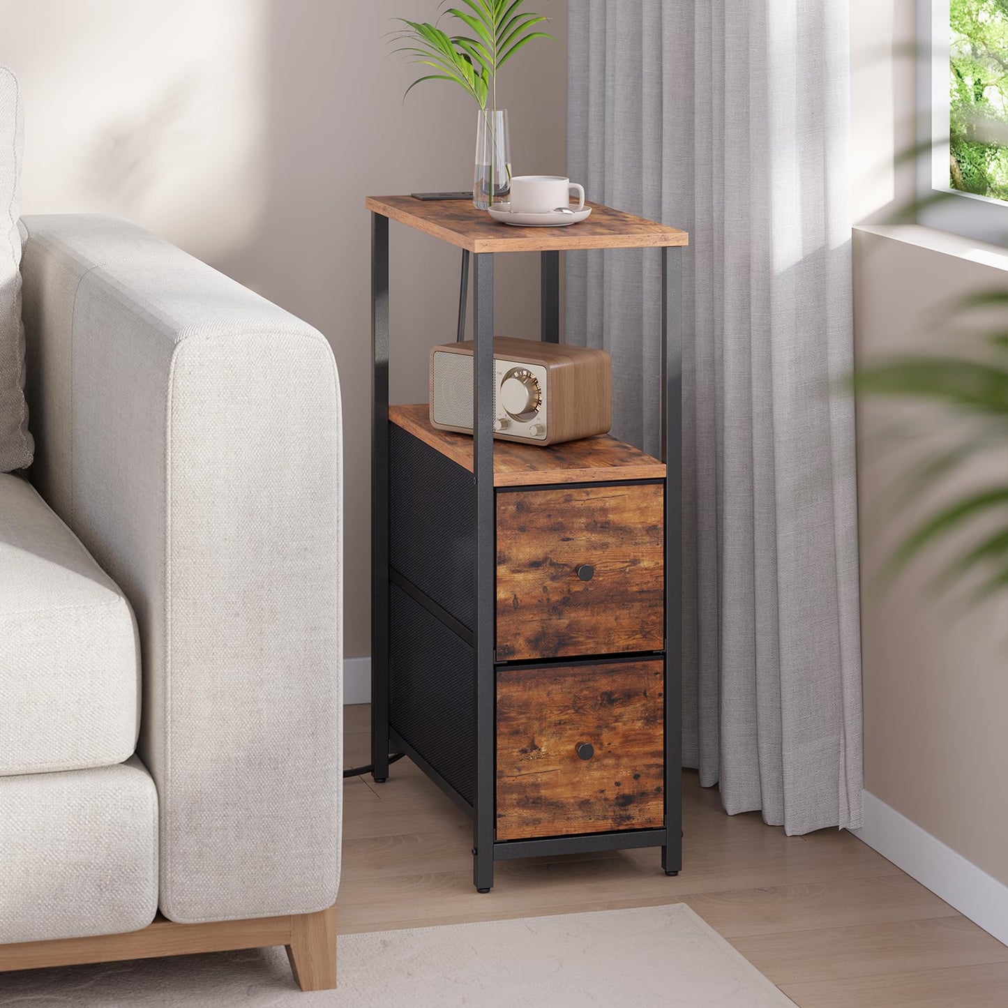 TUTOTAK Small Narrow End Table with Charging Station, Set of 2, Side Table with Outlets, Nightstand with 2 Cloth Drawers, Couch Table, for Living Room, Bedroom, Bedside, Brown TB01BB055