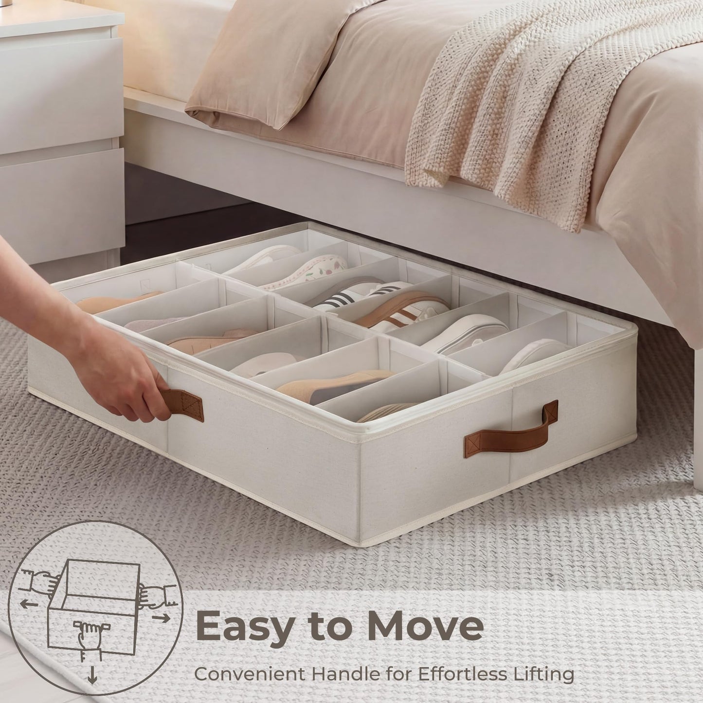 StorageWorks Underbed Shoe Storage Organizer for Closet, 2-Pack Under Bed Shoe Organizer with Bottom Support and Adjustable Dividers, Fits up to 24 Pairs, Beige