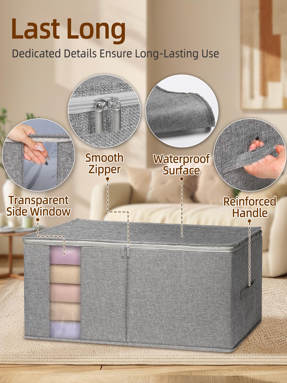 boailydi 90L King Size Comforter Storage Bag w/Rigid Panels, Large Blanket Organizer for Closet, Stackable & Foldable Container w/Clear Window & Smooth Zippers for Bedding Sets/Clothes, 2 Pack, Gray
