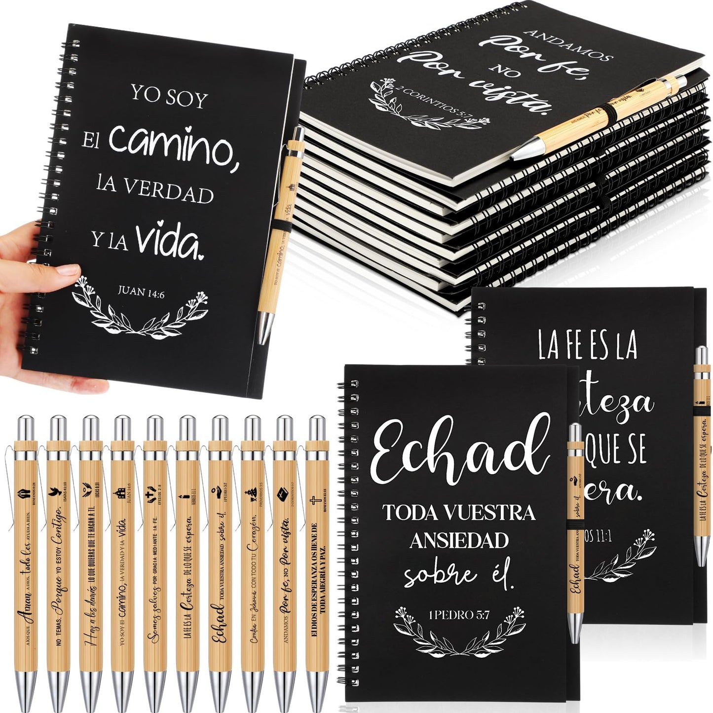 Resurhang 20 Pcs/10 Sets Regalos Cristianos En Español Spanish Christian Notebooks with Pen Spanish Religious Gift Bulk Motivational Journals Inspirational Pen Thank You Gift for Church (Black)