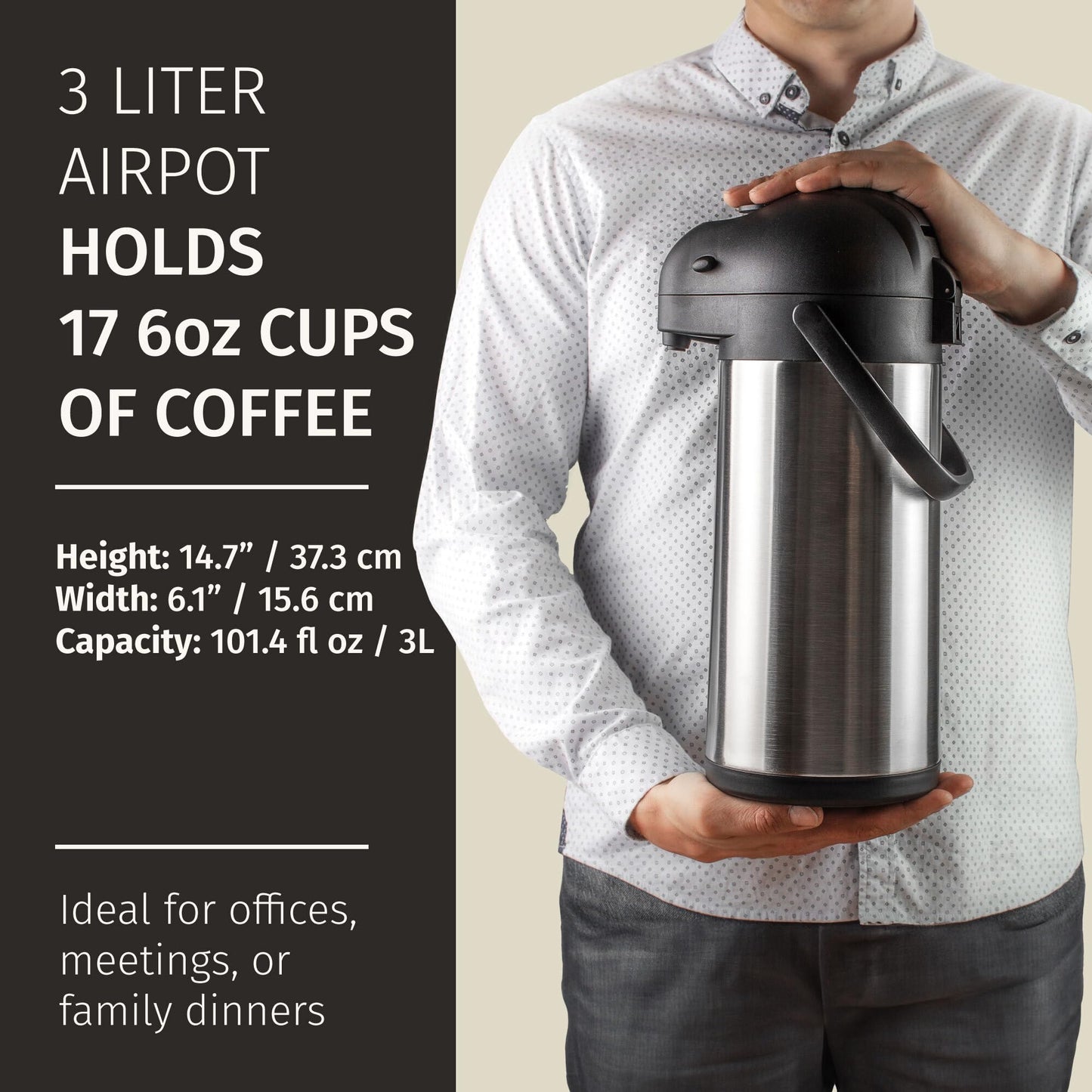 Cresimo Coffee Carafe with Pump - 102oz / 3L Airpot 12 Hours Large Hot Water Carafe, Cocoa Dispenser for Parties - Tea Flask, Insulated Stainless Steel Airpots for Hot Beverage Dispenser -Coffee Pump