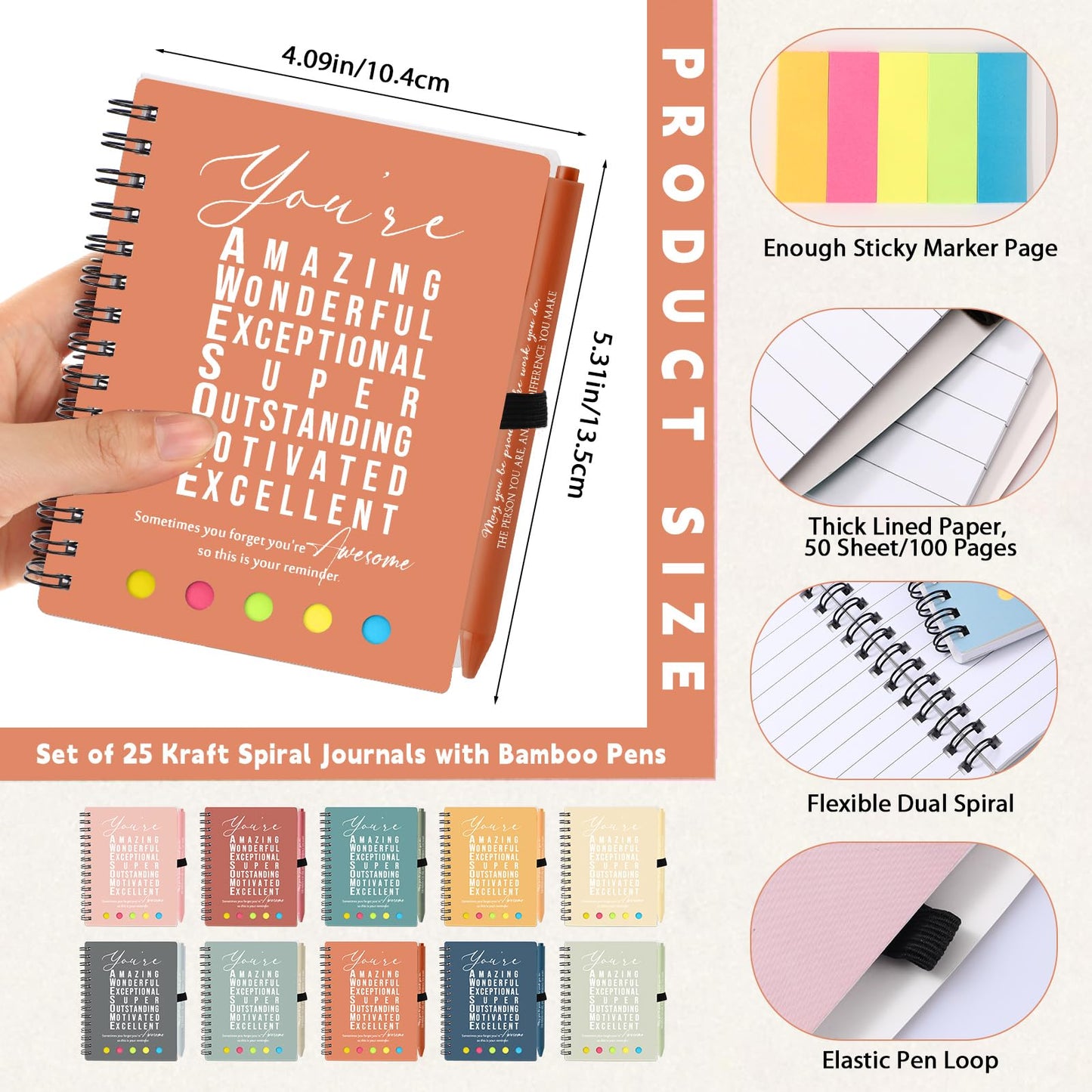 Jetec 25 Sets End of Year Teacher Appreciation Gift Employee Coworker Motivational Spiral Notebooks with Sticky Notes Pens Thank You Gifts for CNA Week Graduation(Bright Color,You are)