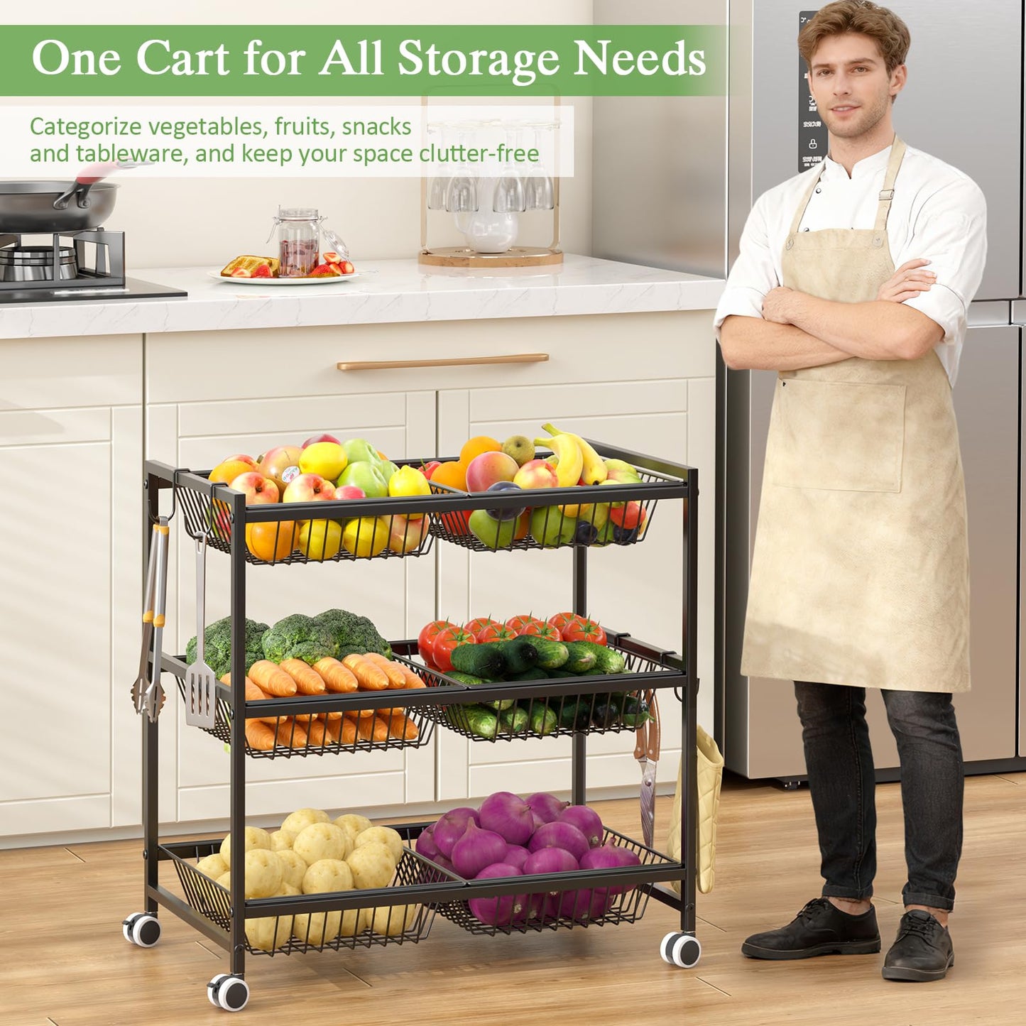 3-Tier Rolling Pantry Floor Organizer Cart with 6 Detachable Baskets, Metal Wire Fruit Basket Stand with Wheels, Kitchen Storage Cart for Fruit Vegetables, Snack Cart for Pantry Kitchen Living Room