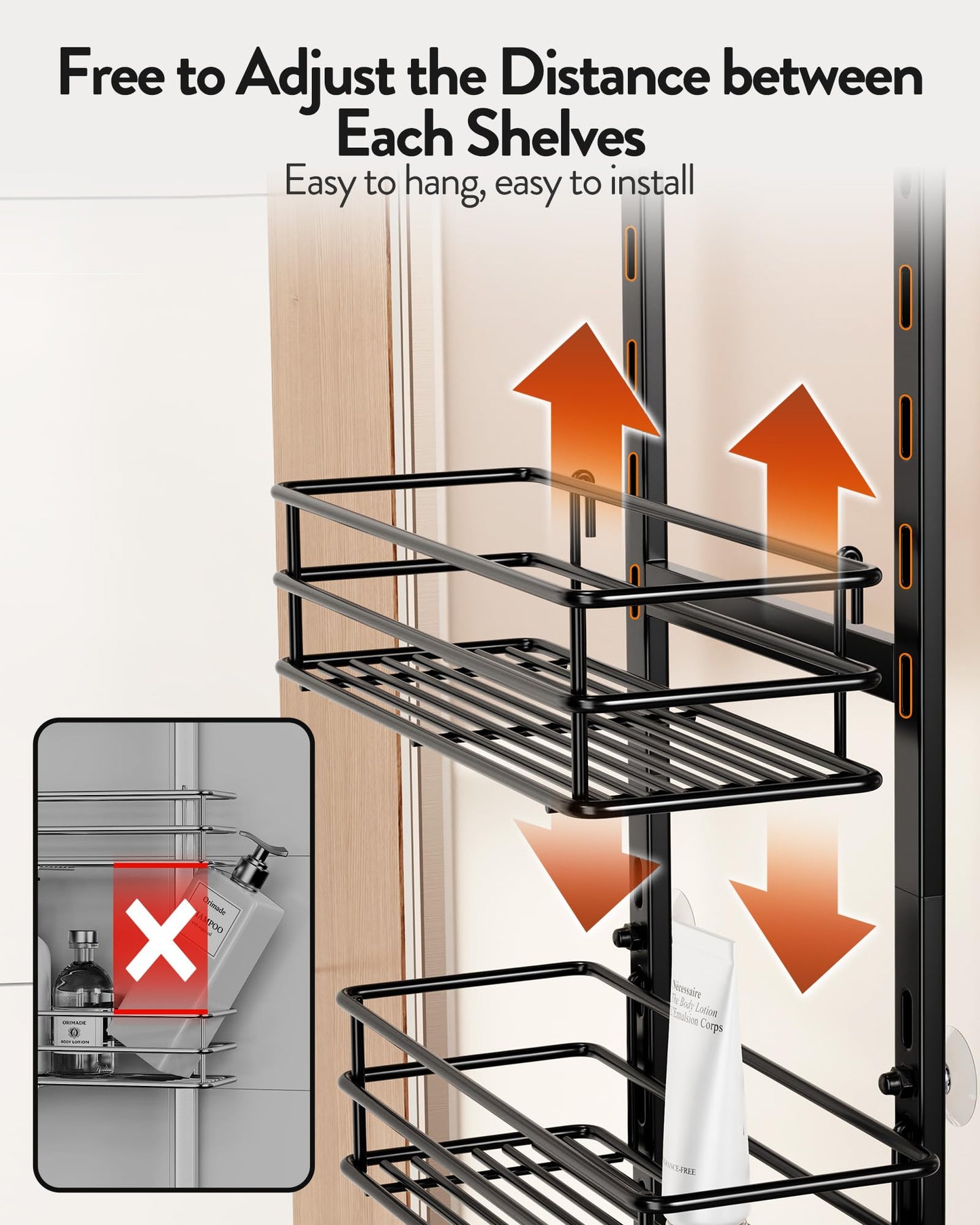 Orimade Over the Door Shower Caddy Adjustable 5 Tier Black,Bathroom Hanging Organizer Shelf Rustproof with 4 Hooks,Shower Basket with Soap Holder and Suction Cup