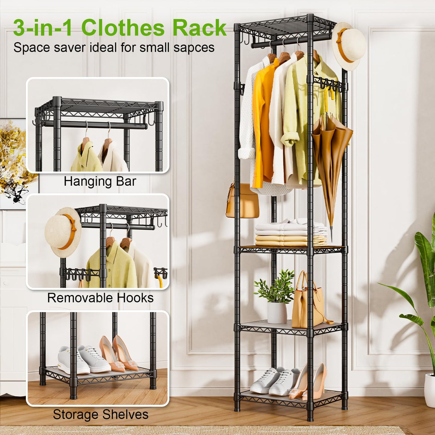 Roxibelt R1 Clothes Rack Heavy Duty, Clothing Racks for Hanging Clothes, Garment Rack with Storage Shelves, Small Coat Rack Freestanding for Entryway, Hallway, Bedroom, Max Load 448 Lbs, Black